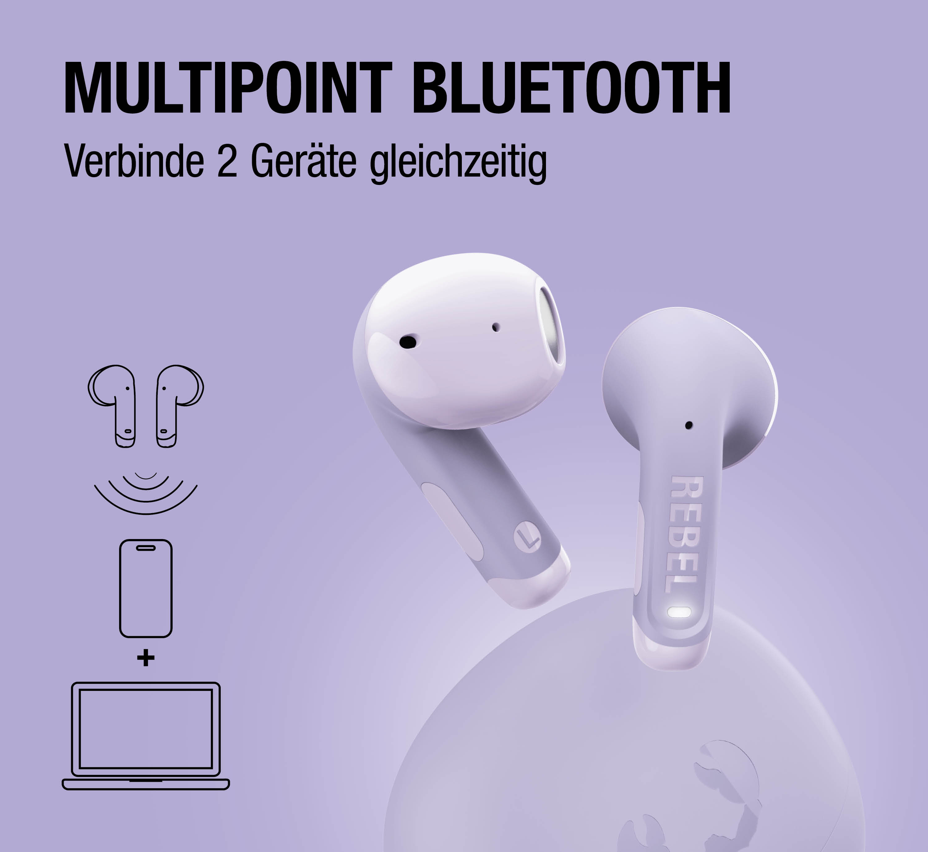 Zwei lila Ohrhörer mit Bluetooth-Symbolen, Smartphone und Laptop.