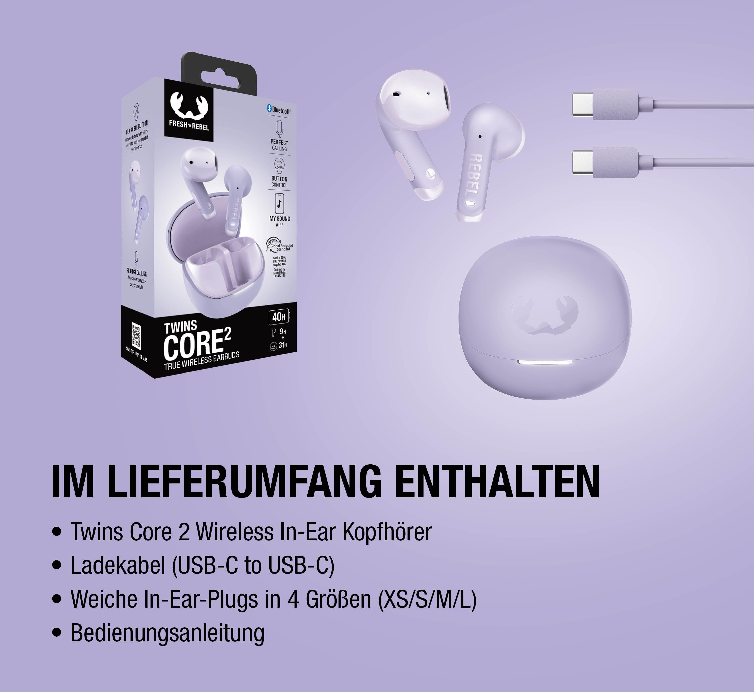 Lila True Wireless Ohrhörer mit Ladecase und USB-C Kabel.
