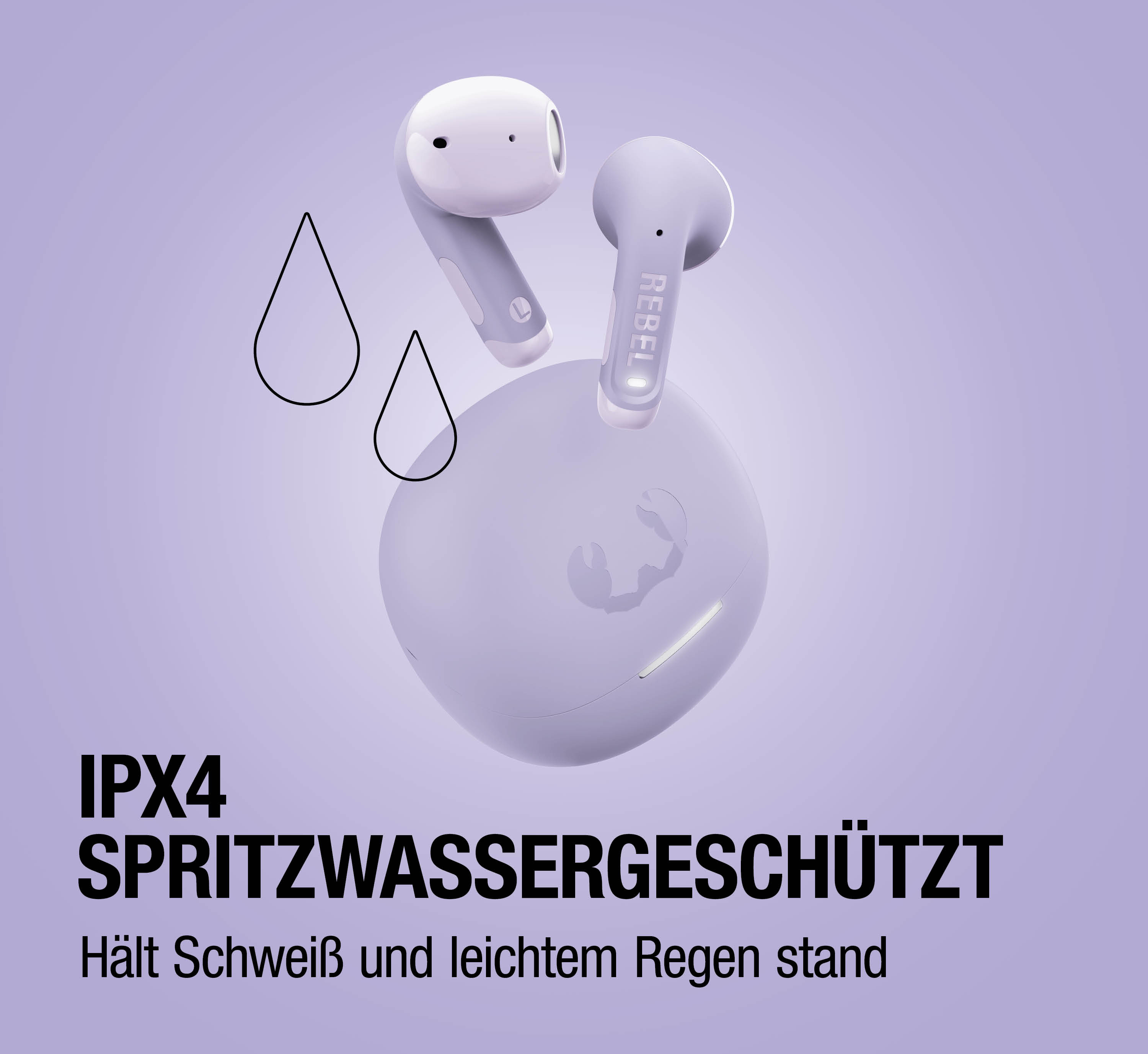 IPX4 spritzwassergeschützt: Hält Schweiß und leichtem Regen stand.