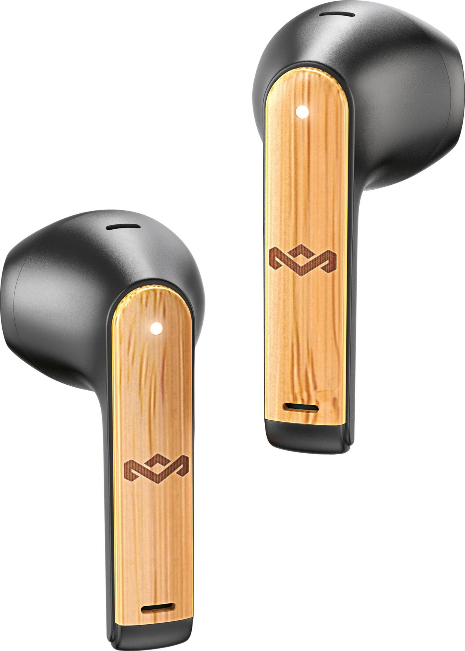 Zwei schwarze kabellose Ohrhörer mit Holzmaserungsakzenten und einem Logo.