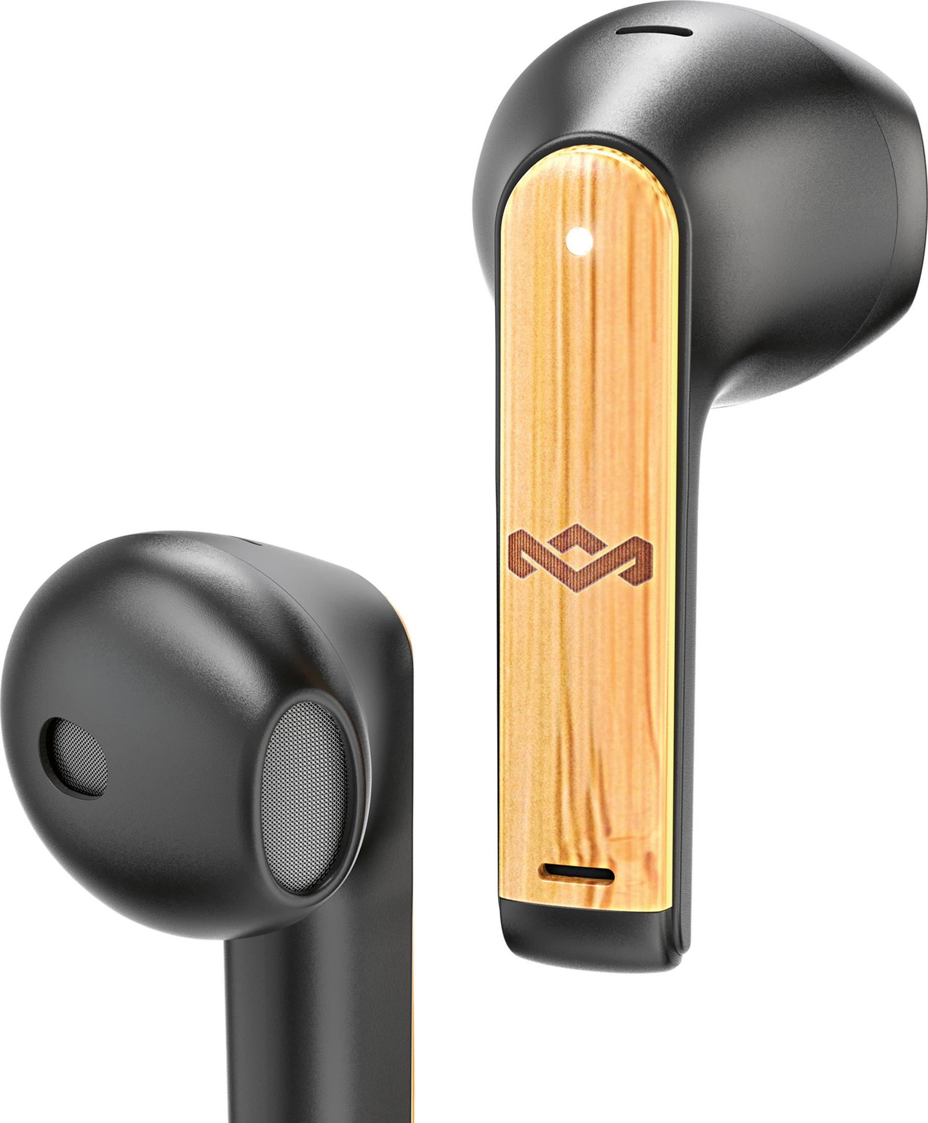 Zwei schwarze kabellose Ohrhörer mit Holzdetails und einem Logo.