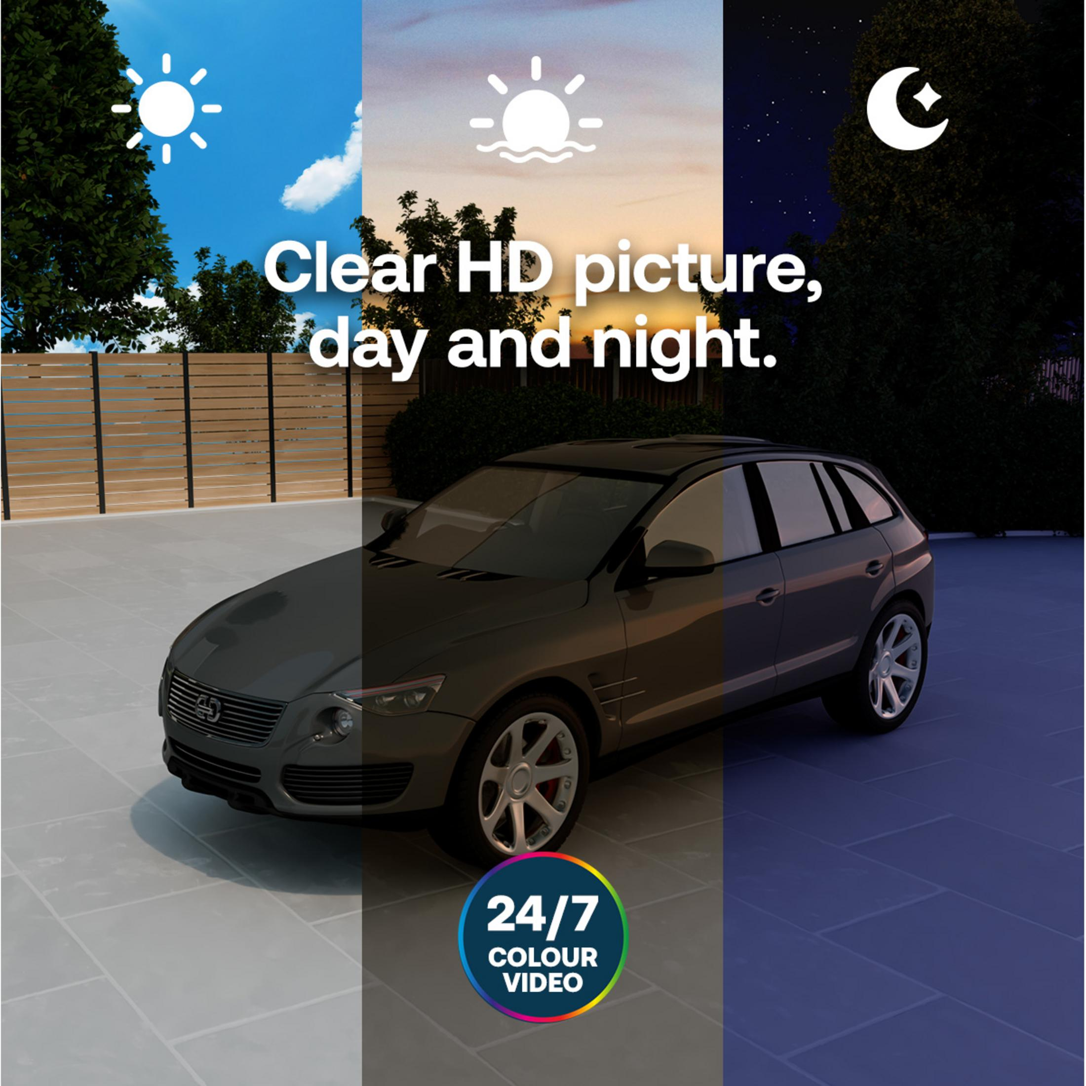 Une voiture dans une allée, de jour comme de nuit, affichant la vidéo couleur 24/7.