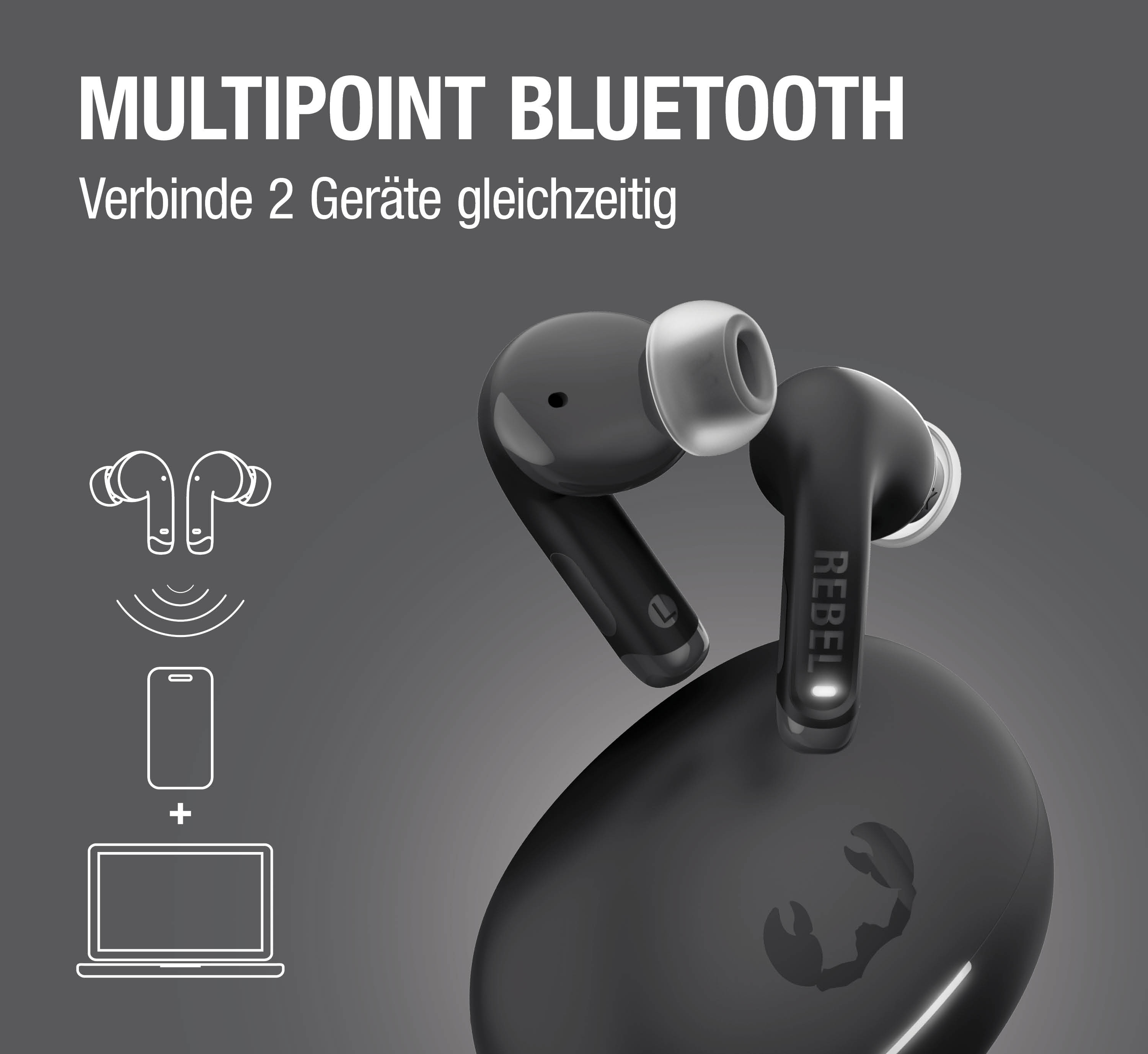 Schwarze Ohrhörer mit Ladecase und Symbolen für Bluetooth-Verbindung.