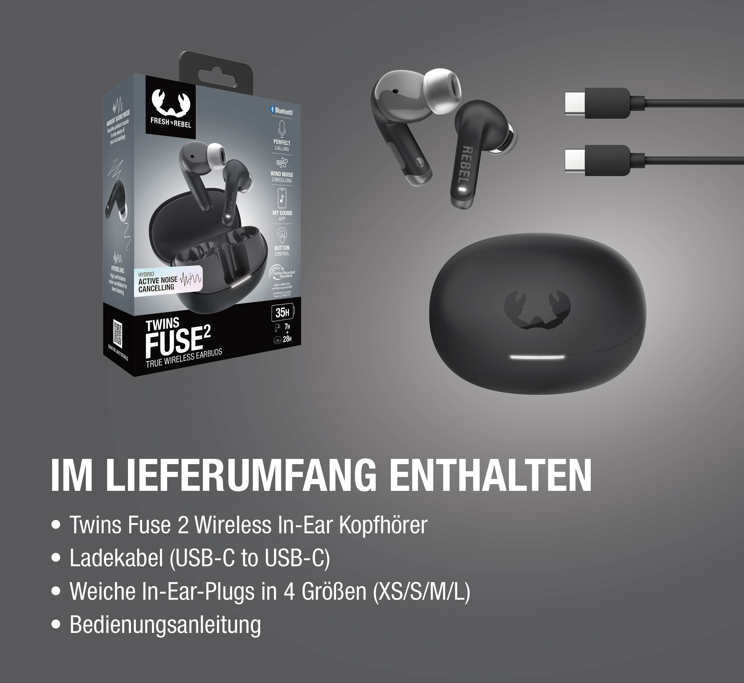 Schwarze Fresh 'n Rebel Twins Fuse2 True Wireless Ohrhörer mit Ladecase und Kabel.