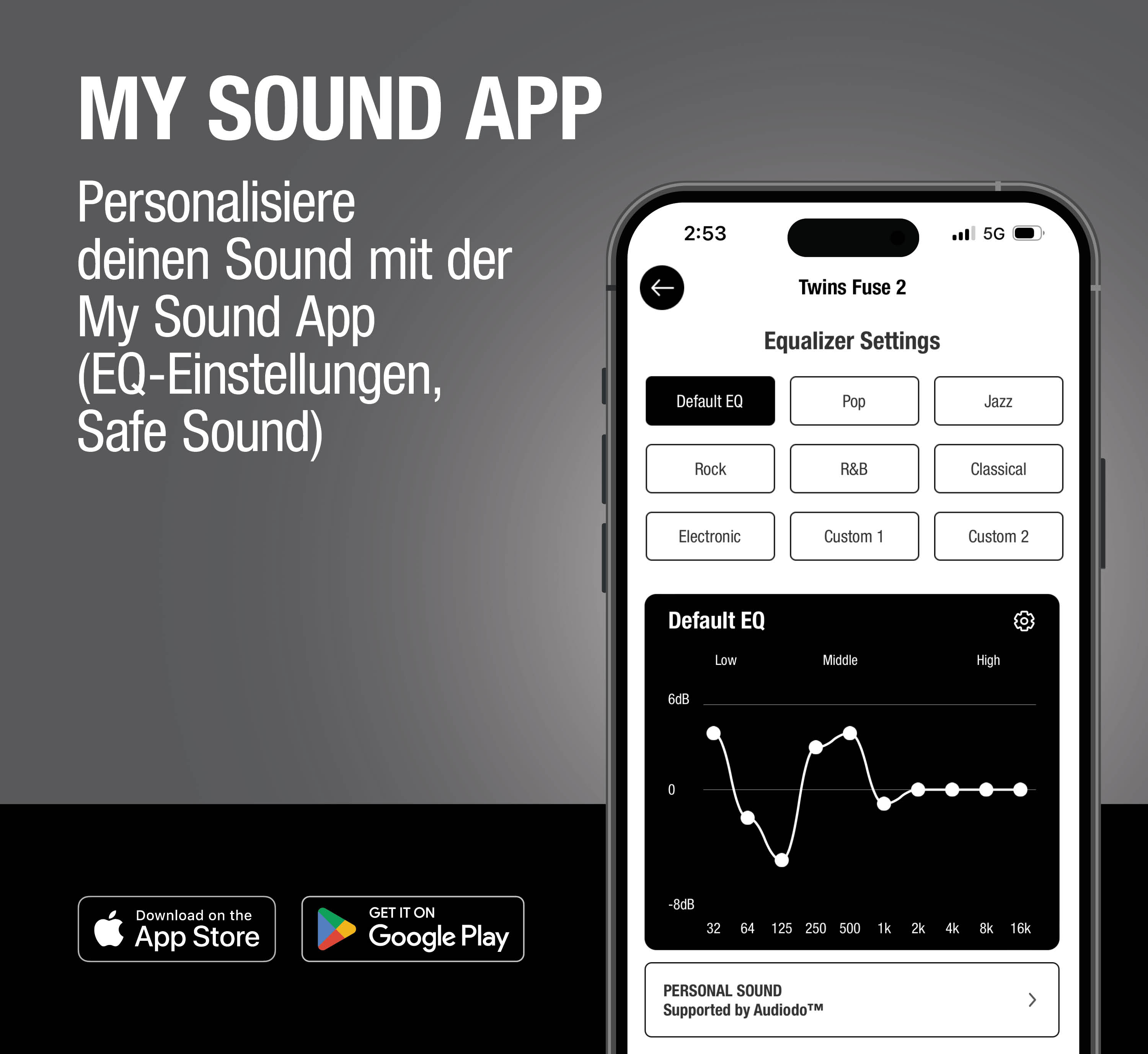 Ein Smartphone zeigt die App 'My Sound' mit Equalizer-Einstellungen und EQ-Kurve.