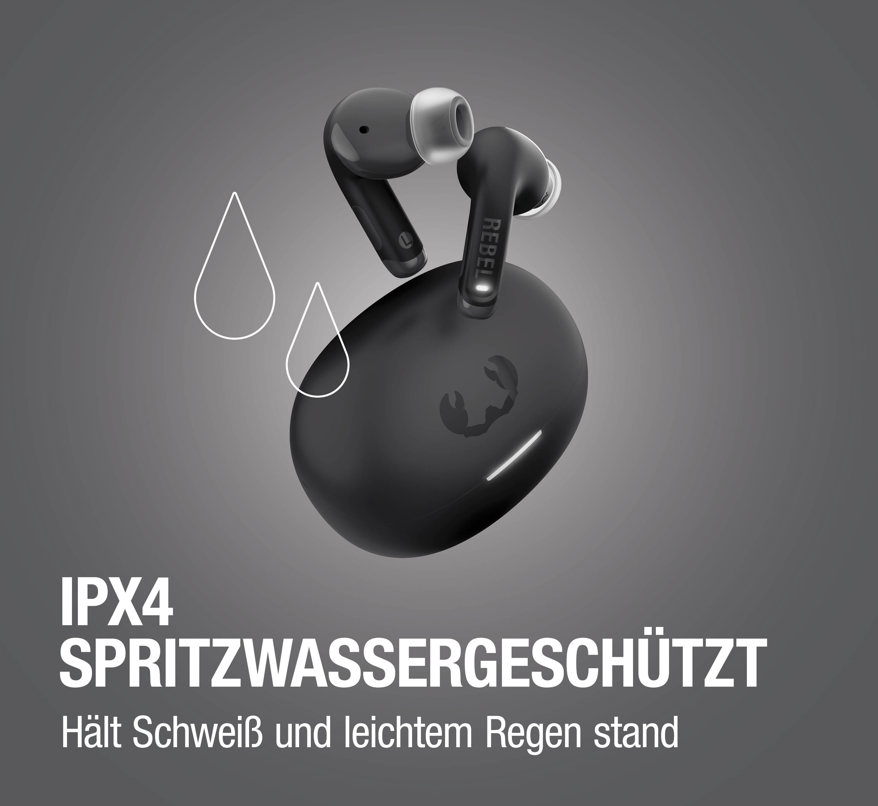 Schwarze kabellose Ohrhörer mit Ladecase, IPX4 spritzwassergeschützt.