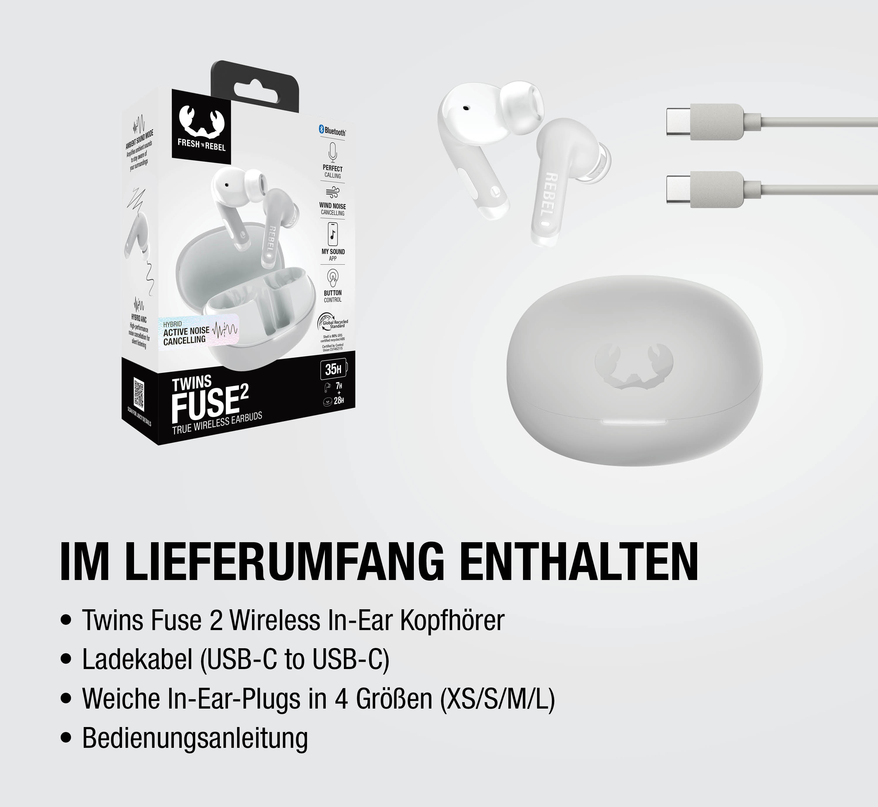 Weiße True Wireless Ohrhörer mit Ladecase und USB-C Kabel.