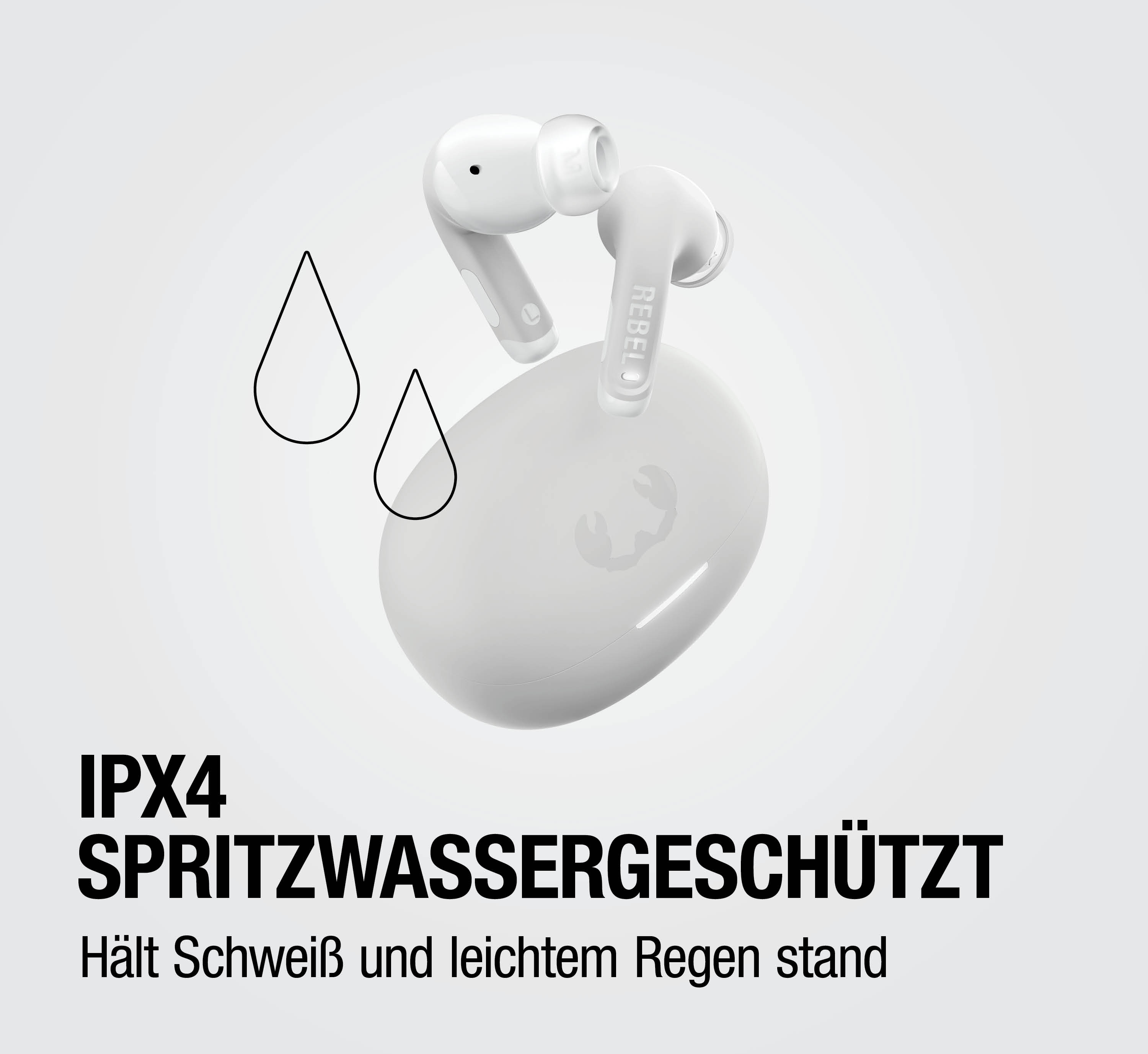 Weiße Kopfhörer mit Ladecase, spritzwassergeschützt.