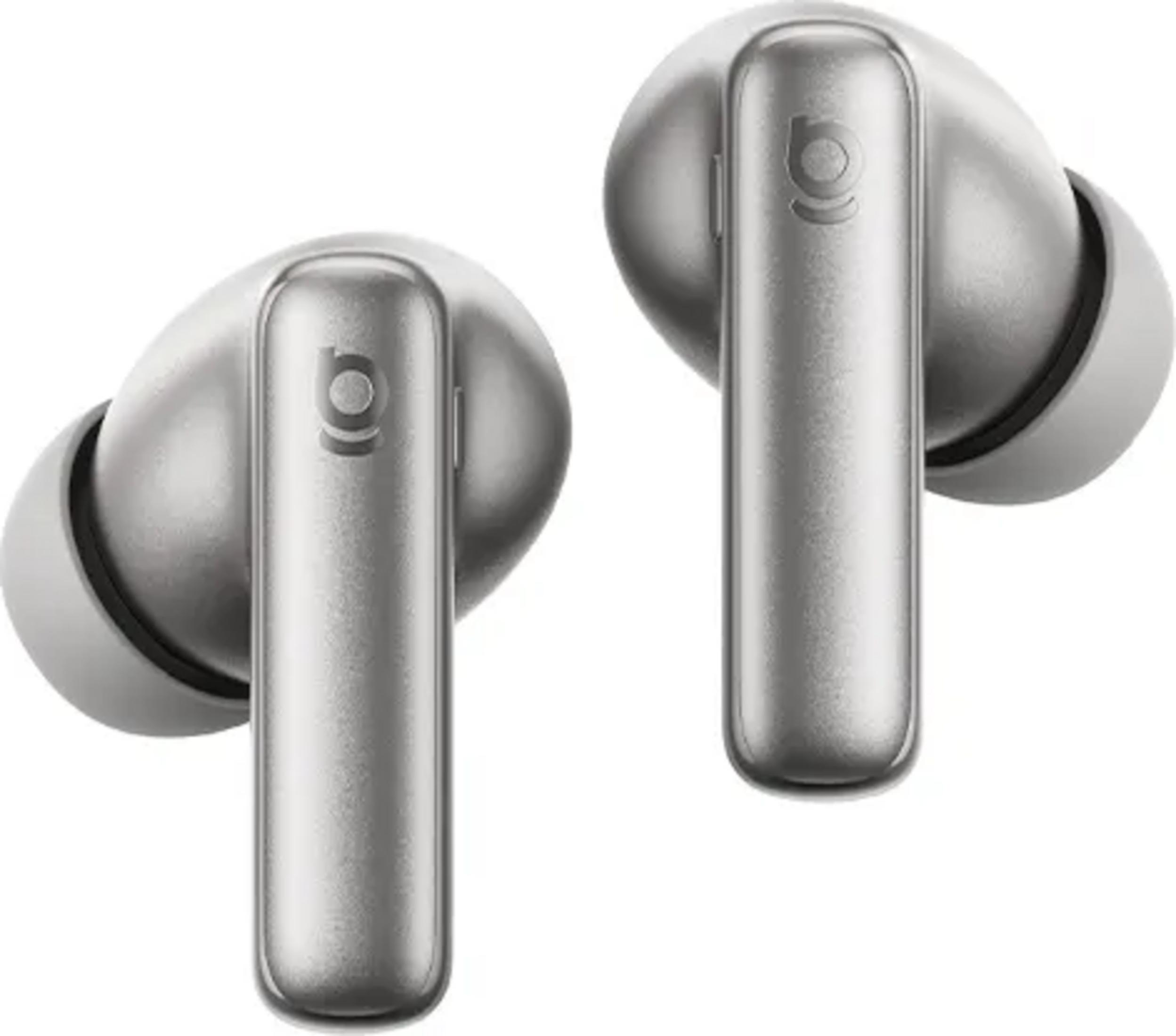Due auricolari wireless argentati con logo sul gambo.