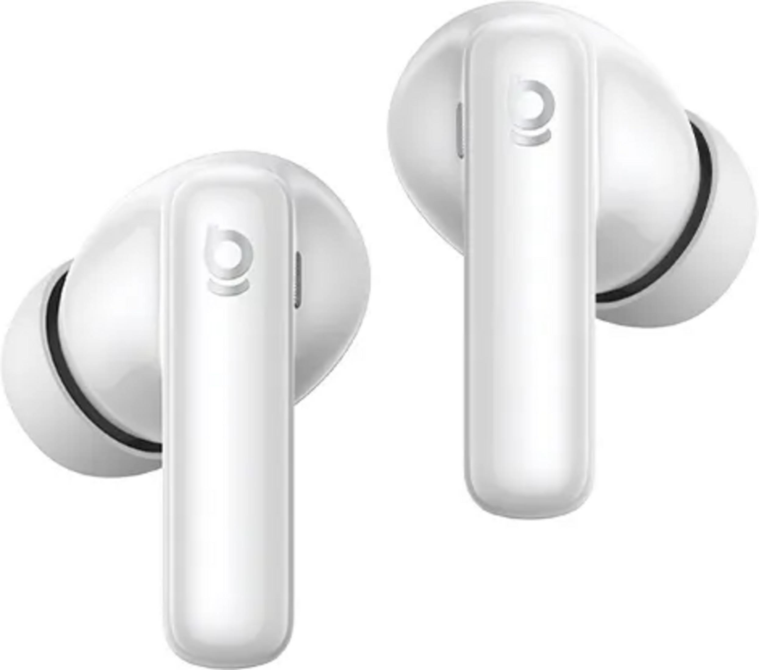 Due auricolari wireless bianchi con logo su sfondo bianco.