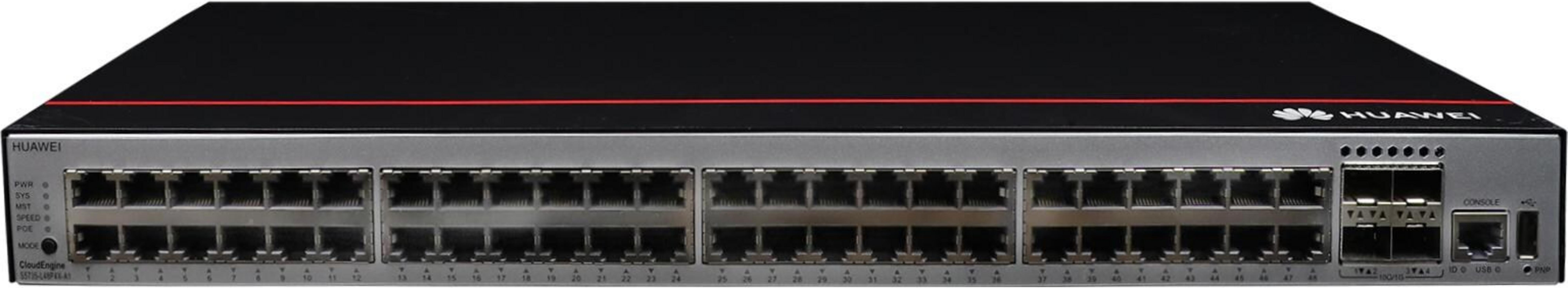 Un switch de red Huawei CloudEngine con 48 puertos y LEDs frontales.