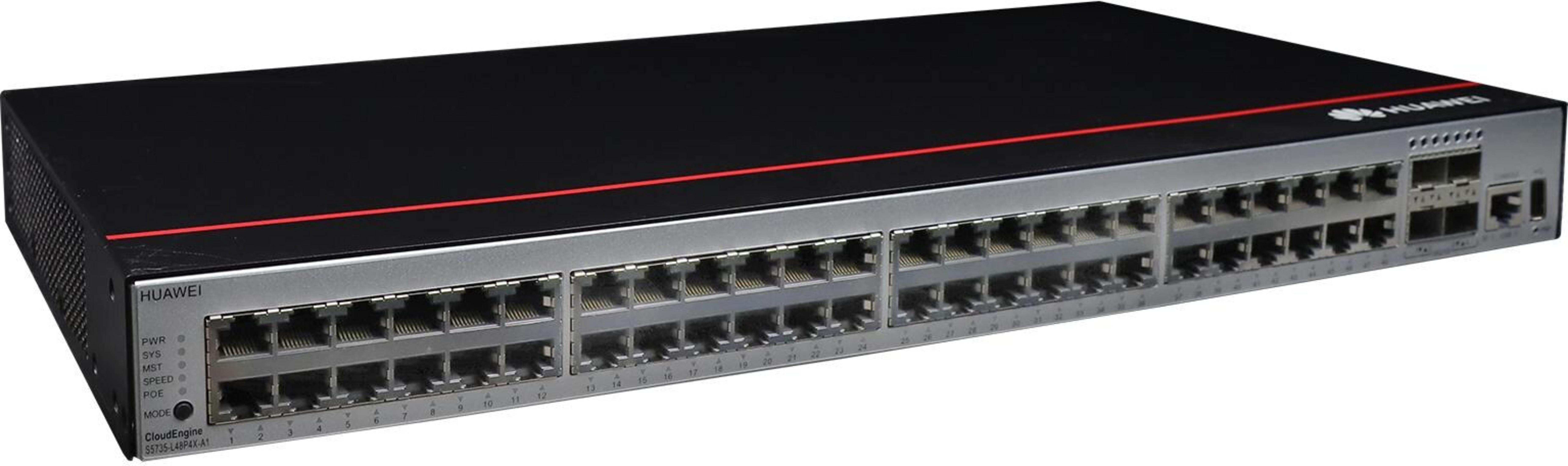 Un switch de red Huawei CloudEngine negro con 48 puertos.