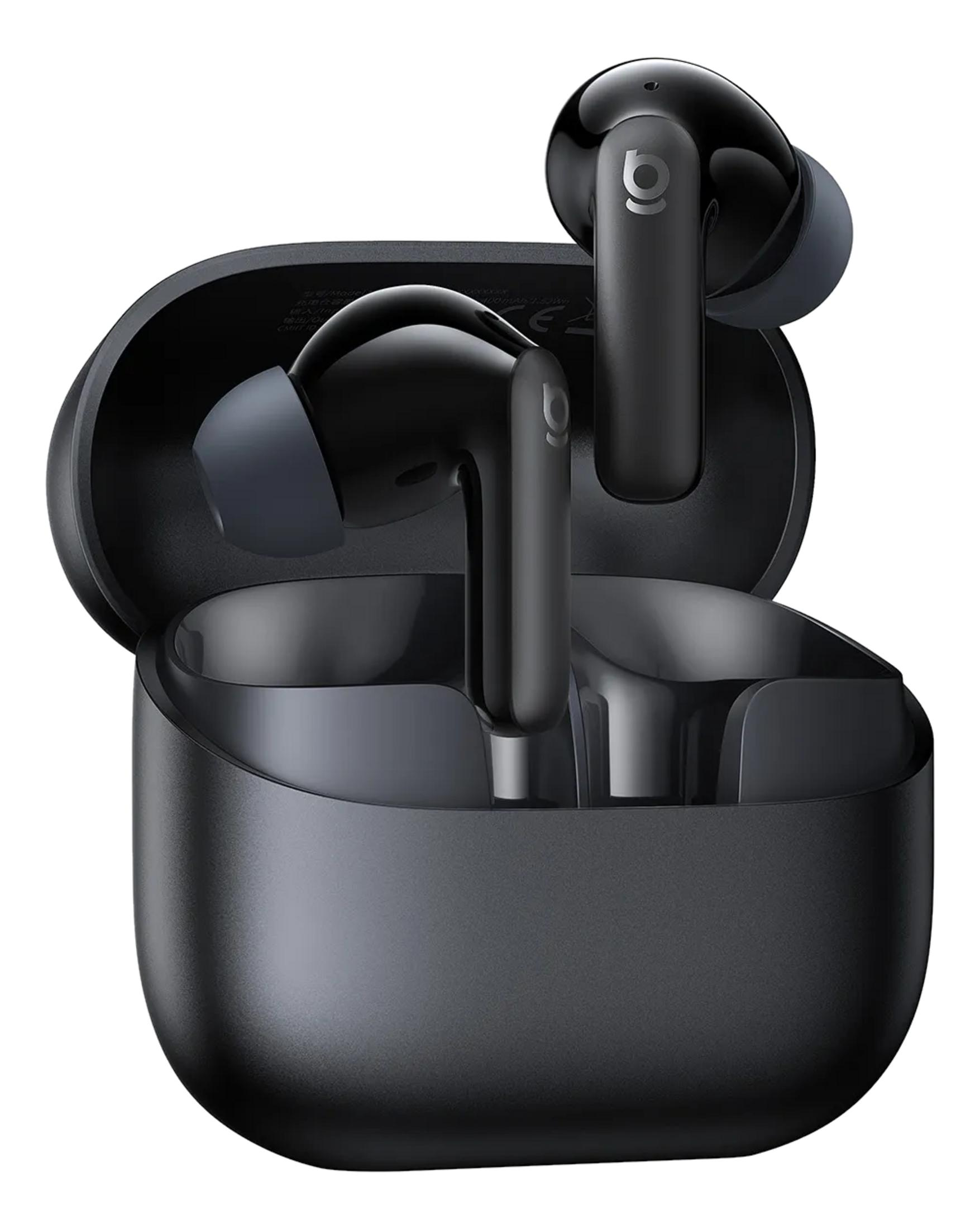 Auricolari wireless neri dentro una custodia di ricarica nera aperta su sfondo bianco.