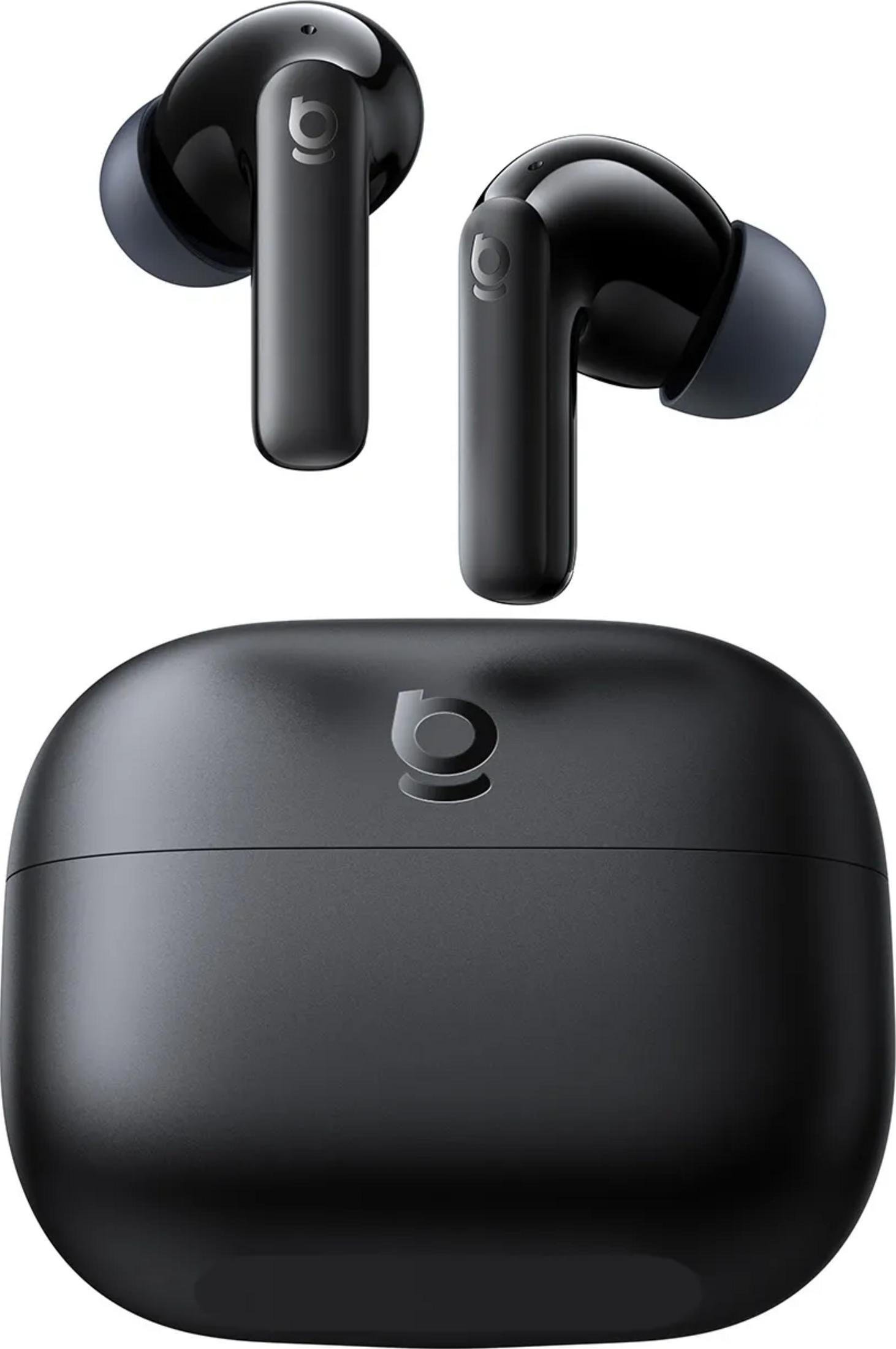 Auricolari wireless neri e custodia di ricarica con logo.