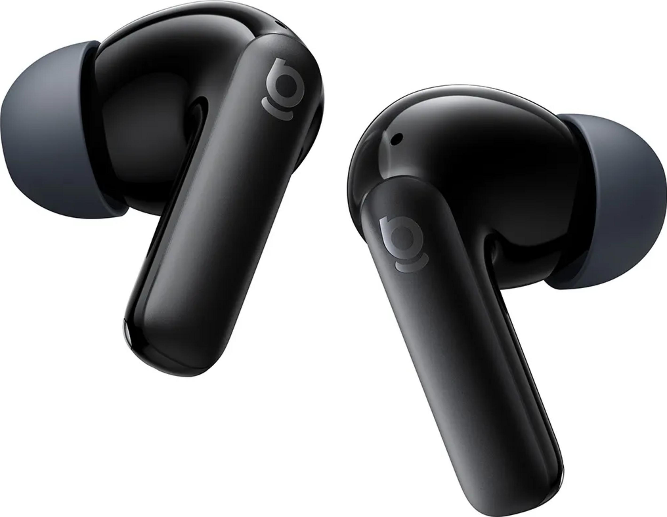 Due auricolari wireless neri lucidi con punte grigie su sfondo bianco.