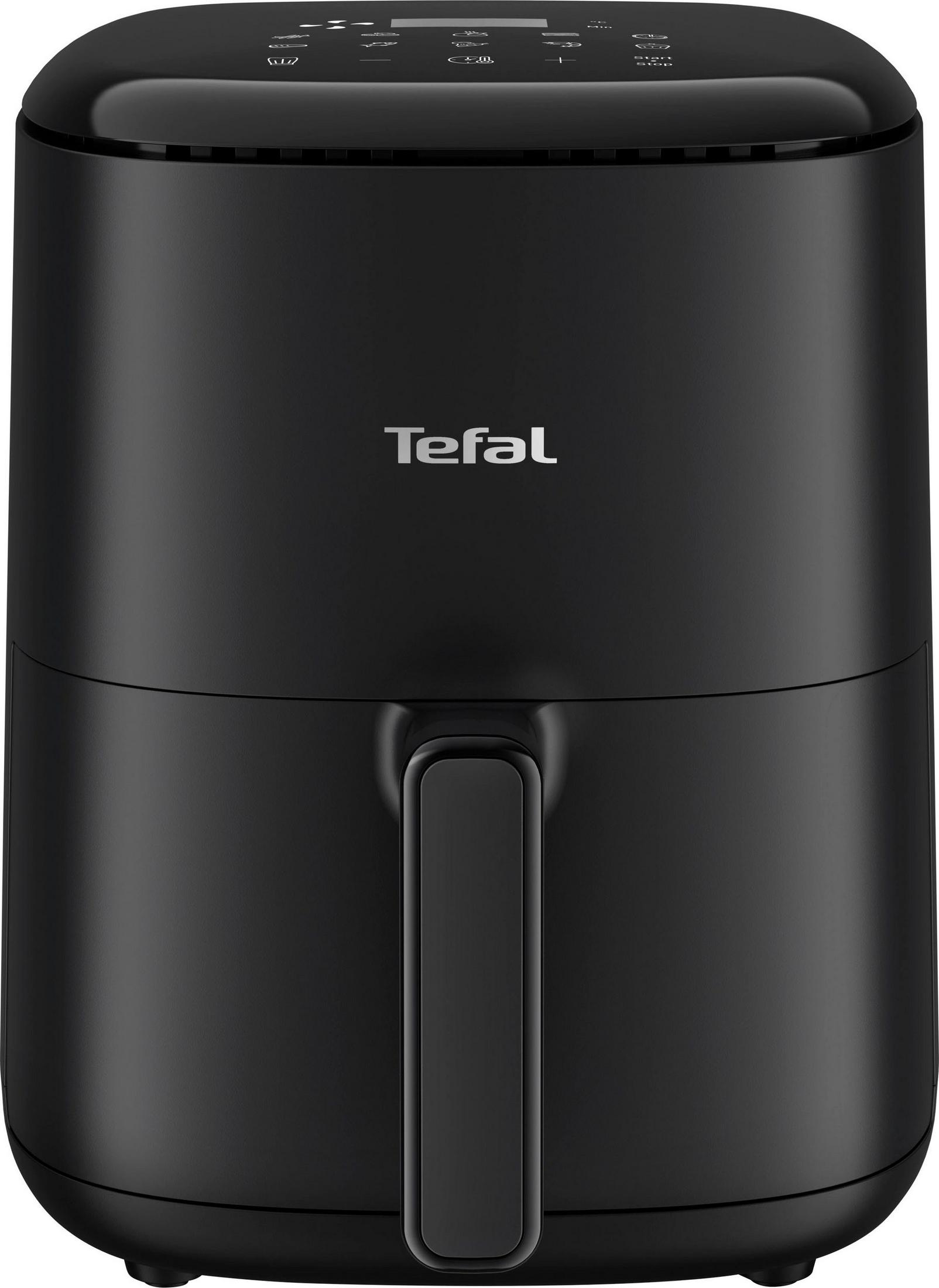 Schwarzer Tefal Heißluftfritteuse mit Touchscreen und Griff.
