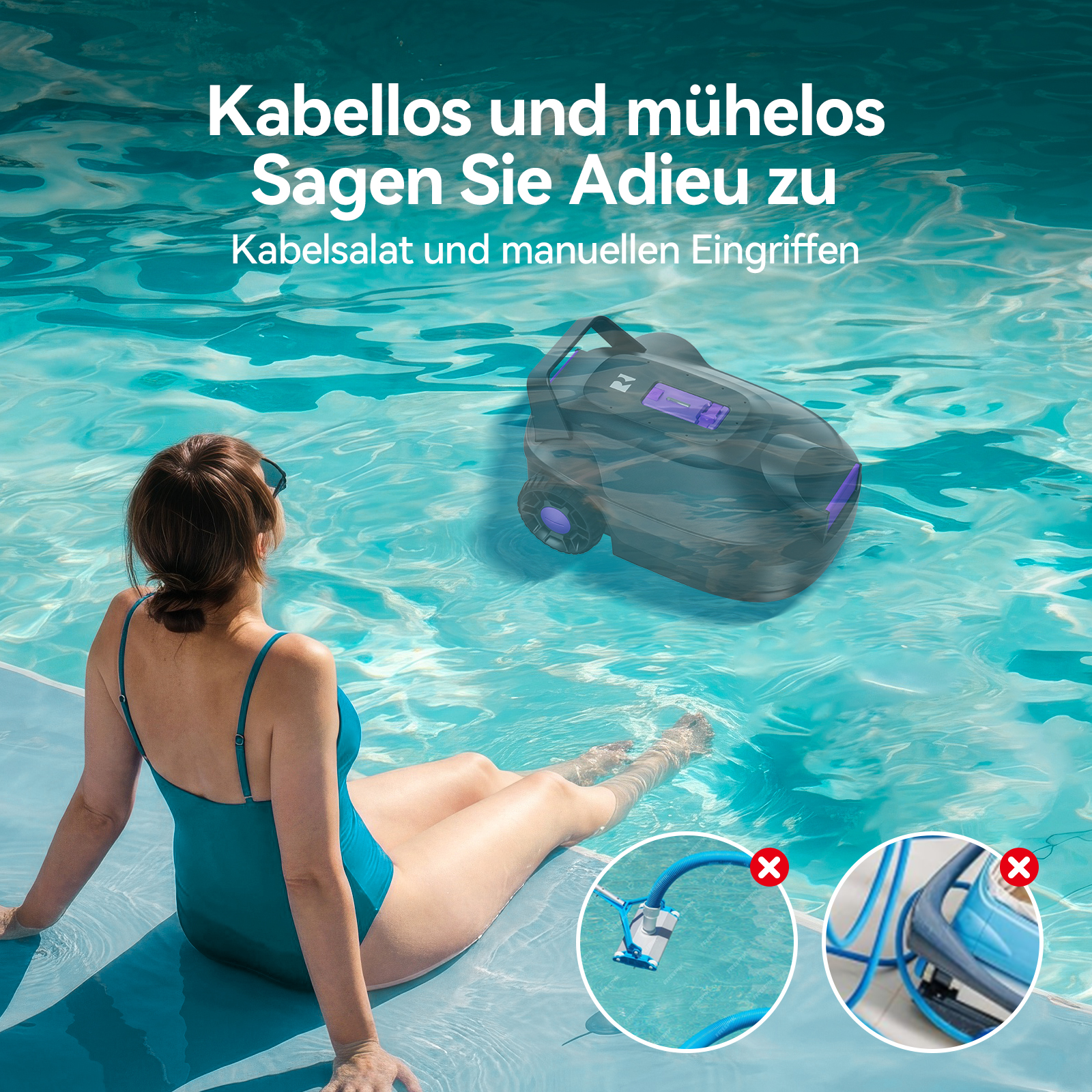 Frau am Poolrand, Roboter im Wasser, zwei Kreise mit roten Kreuzen.