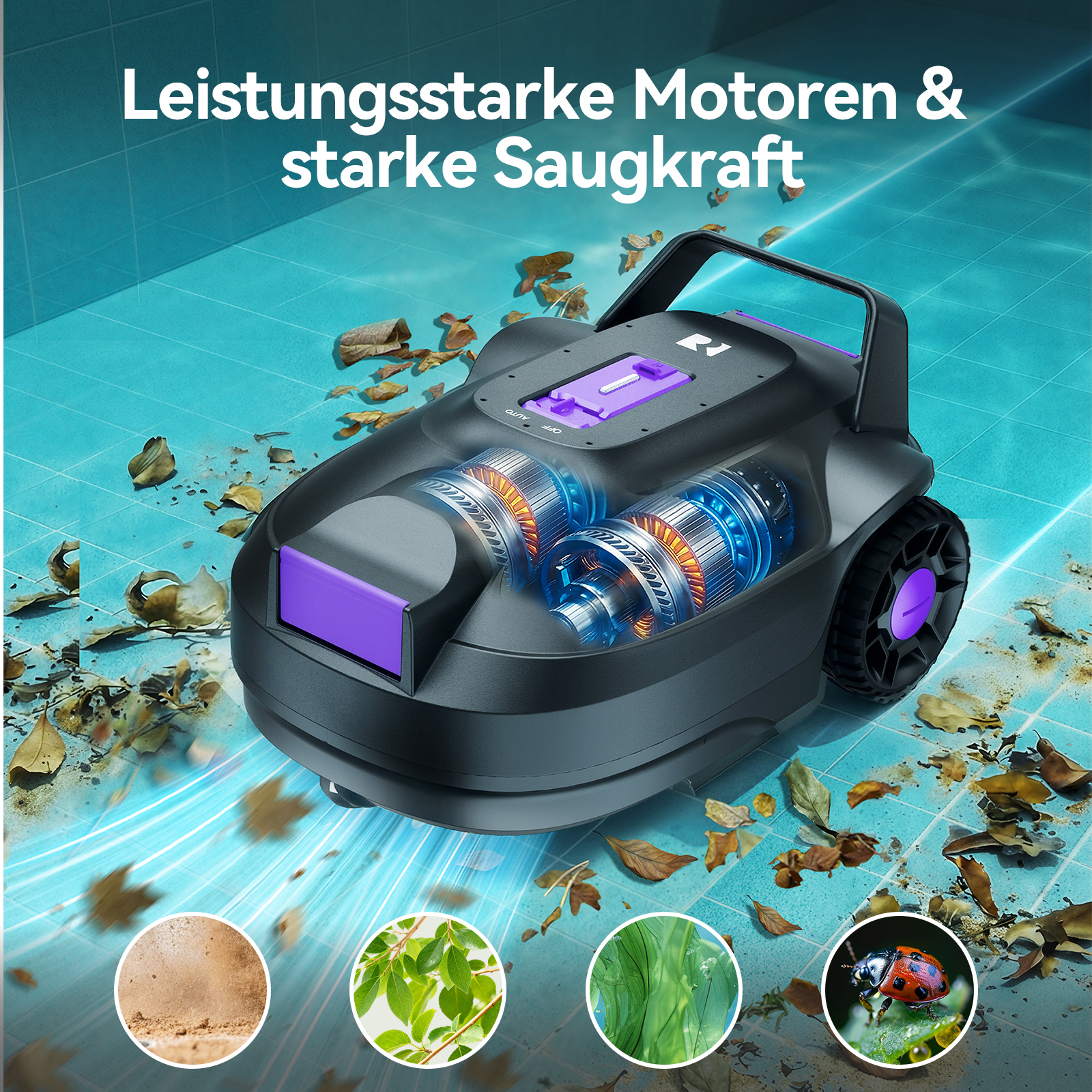 Ein Poolroboter saugt Blätter und Schmutz auf einem blauen Fliesenboden.