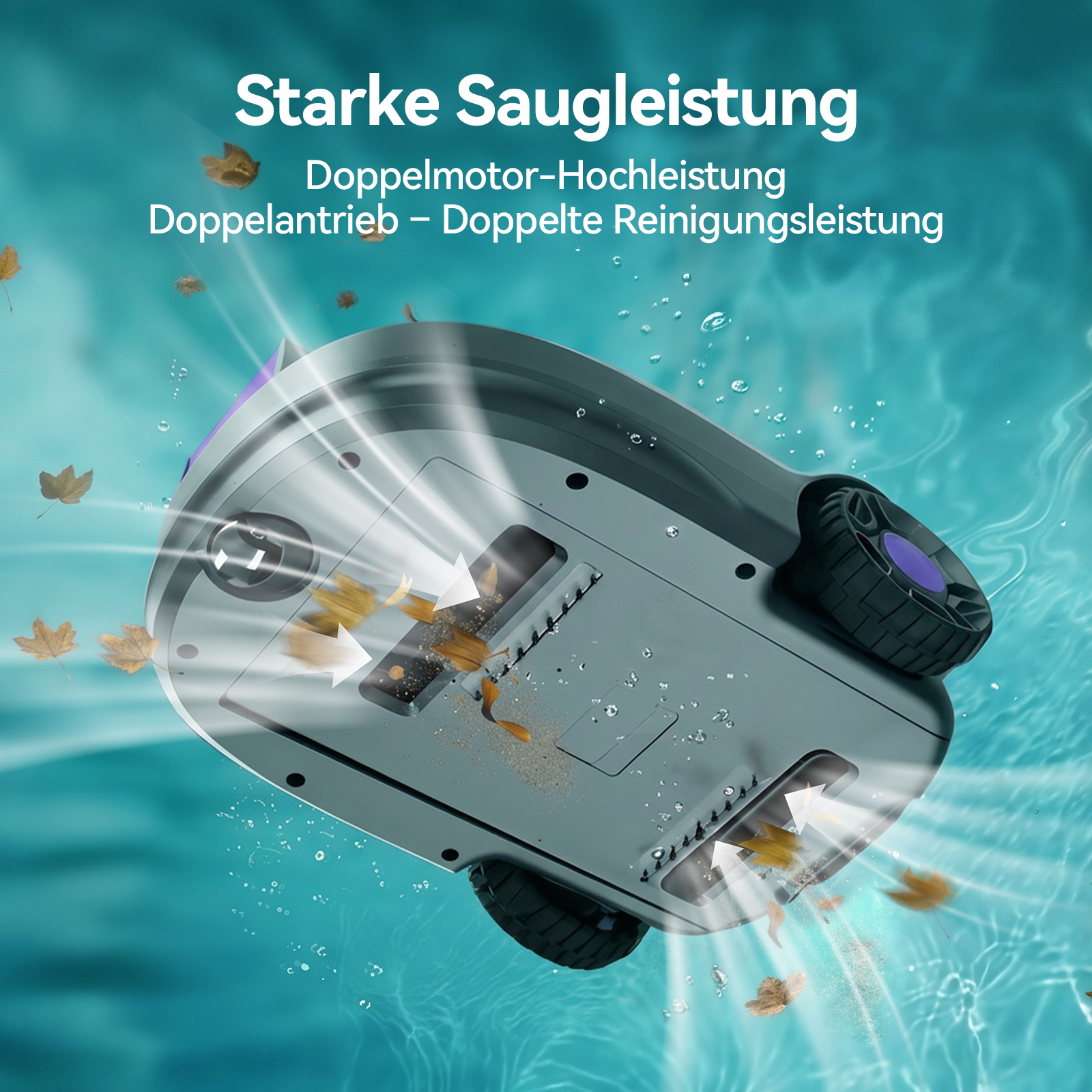 Ein Poolreiniger saugt Blätter und Schmutz aus dem Wasser.