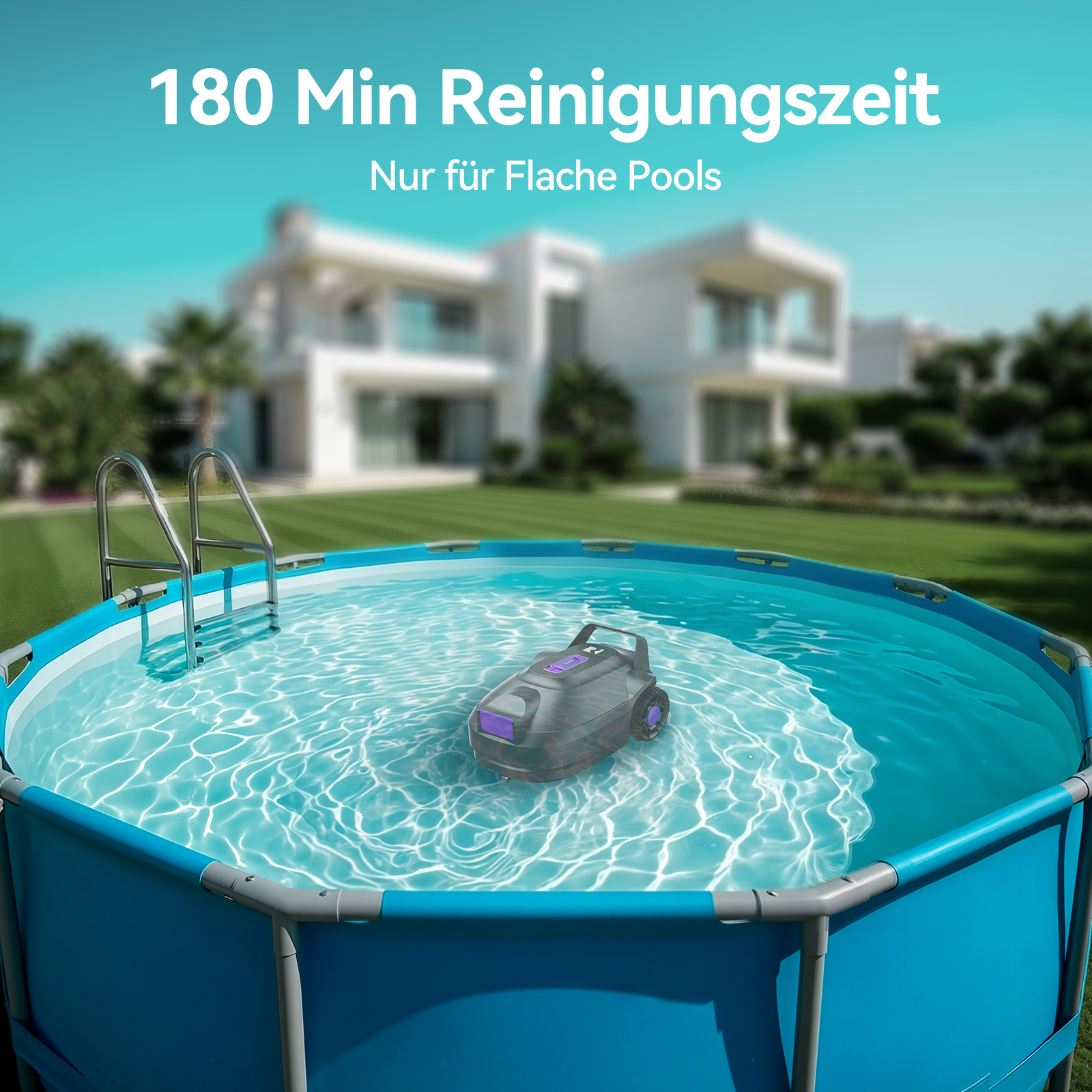 Ein Poolreiniger schwimmt in einem Pool vor einem Haus. 180 Min. Reinigungszeit.