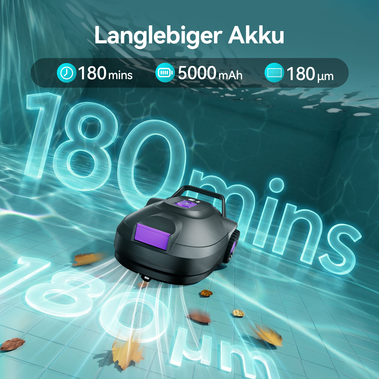 Ein schwarzer und violetter Poolreiniger saugt unter Wasser mit 180 Min., 5000 mAh, 180 µm Text.