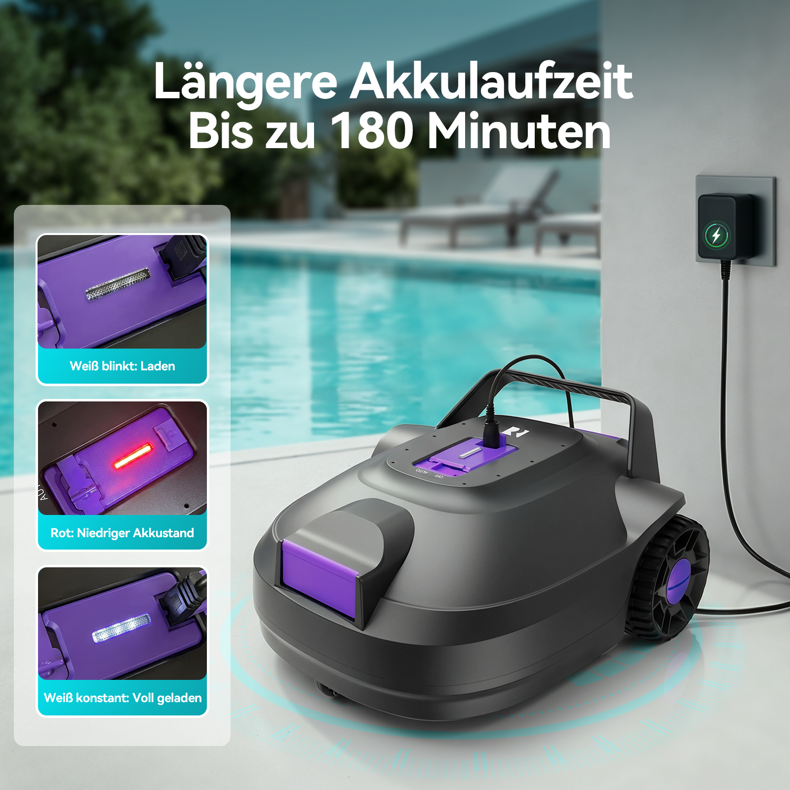 Ein Mähroboter mit lila Akzenten wird in der Nähe eines Pools geladen.