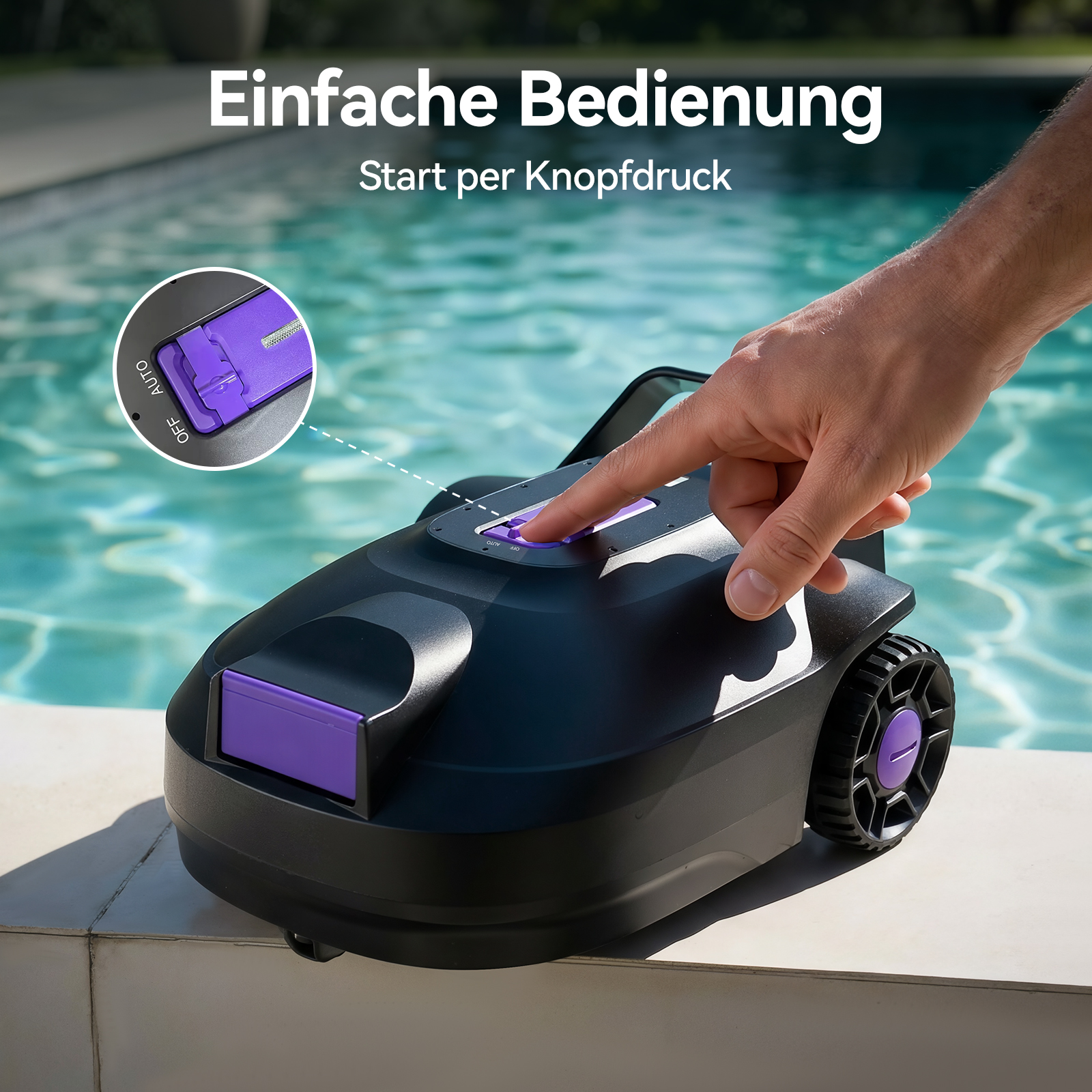 Schwarzer Poolroboter mit violetter Klappe, wird per Knopfdruck gestartet.