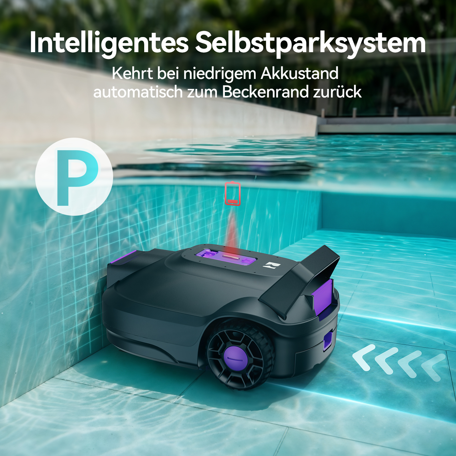 Ein schwarzer Poolroboter mit lila Akzenten kehrt zum Beckenrand zurück.