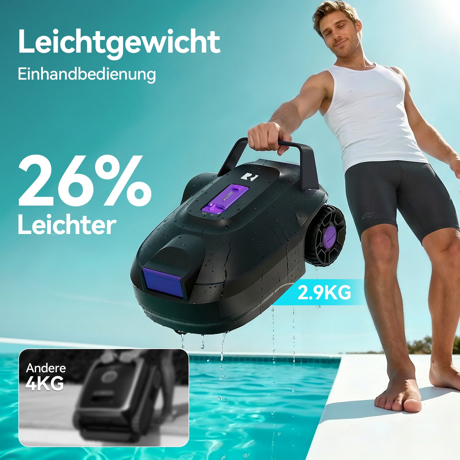 Mann hält leichten Poolroboter (2.9kg) neben Pool. "26% leichter".