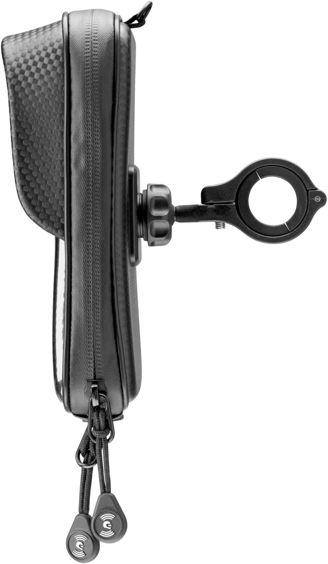 Schwarze Fahrradtasche mit Halterung und Reißverschluss.