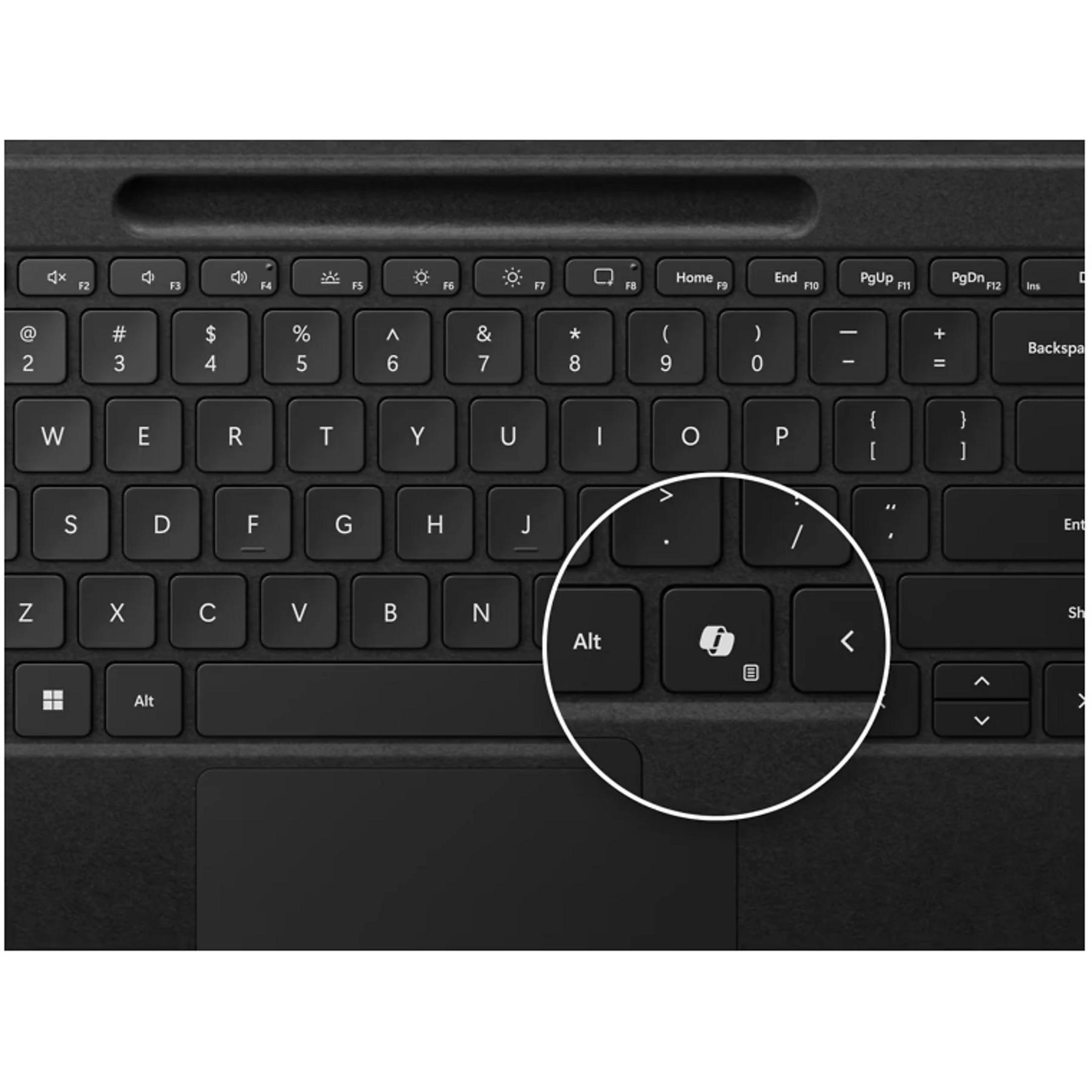 Schwarze Tastatur mit eingekreister Alt-Taste und Symbol. Nahaufnahme.