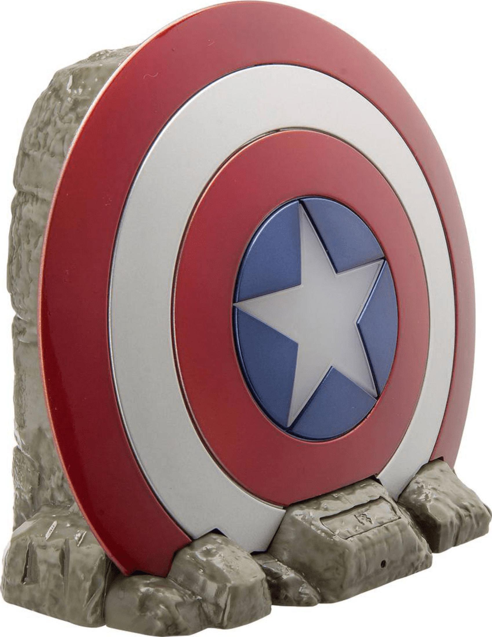 Captain Americas Schild auf einem felsigen Sockel, rote und weiße Ringe mit Stern.