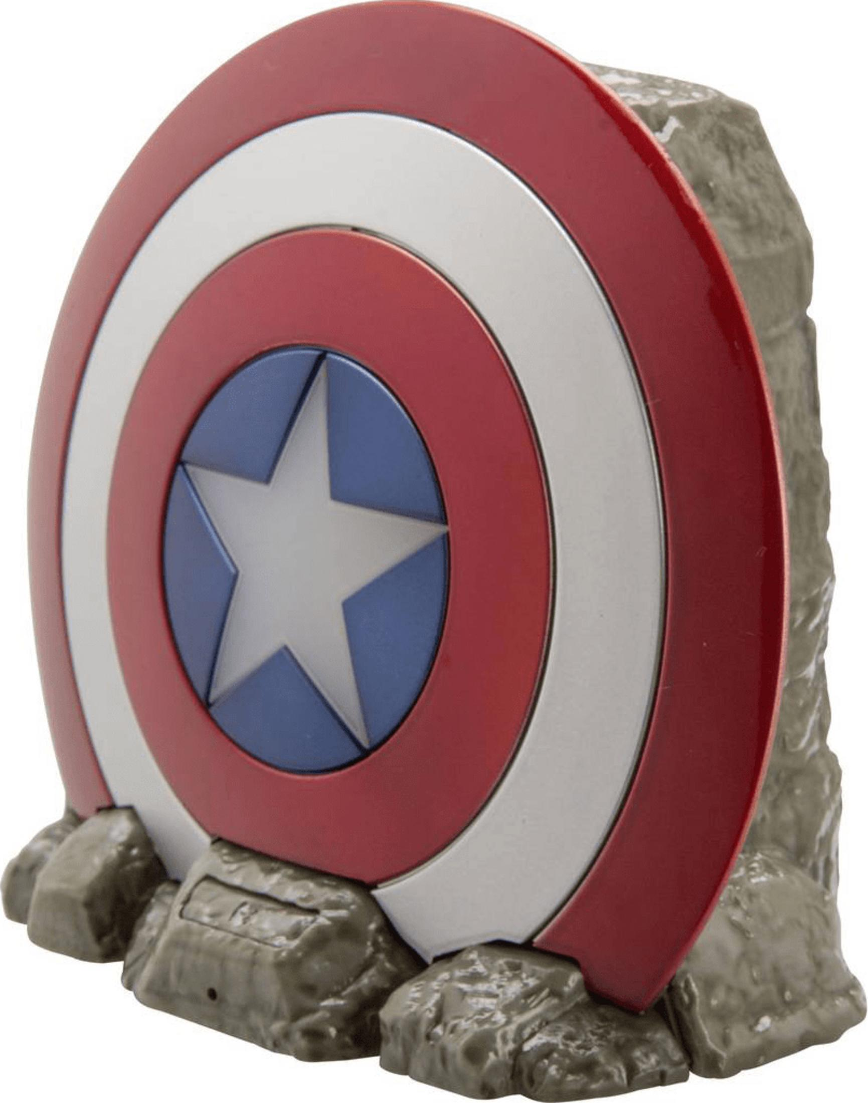 Captain Americas Schild auf felsigem Untergrund, rote, weiße und blaue Ringe mit Stern.