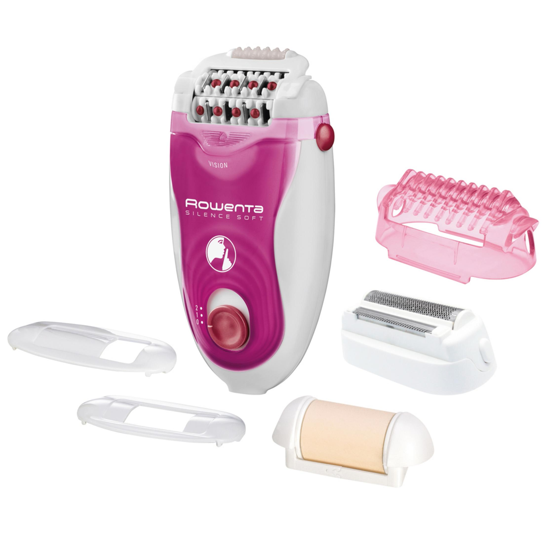 Un depilador blanco y rosa con accesorios como cabezal de afeitado, capuchas protectoras y accesorio exfoliante.
