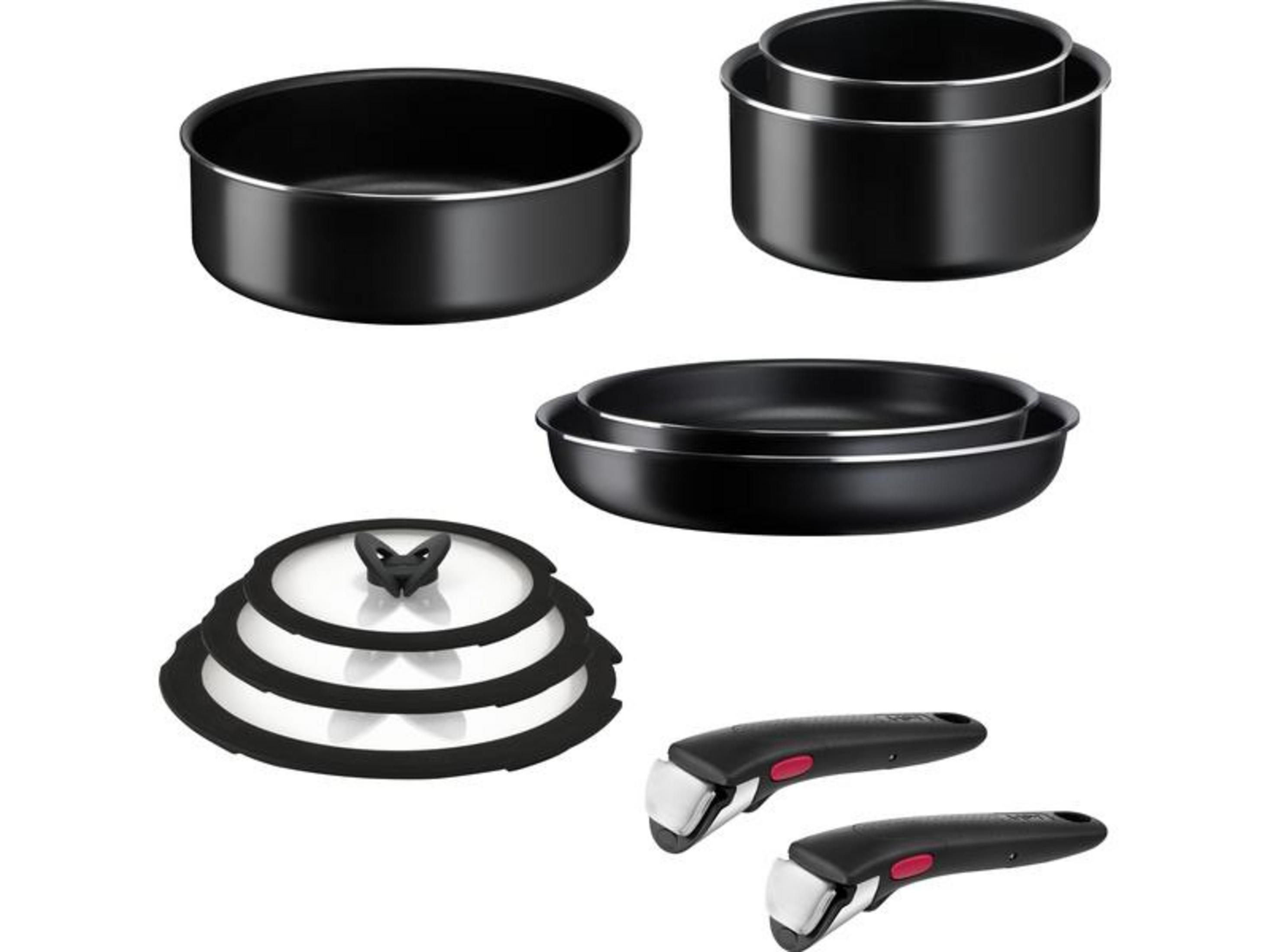 Schwarze Kochgeschirrschüssel, Topf, Pfanne, Deckel und Griffe auf weißem Hintergrund.