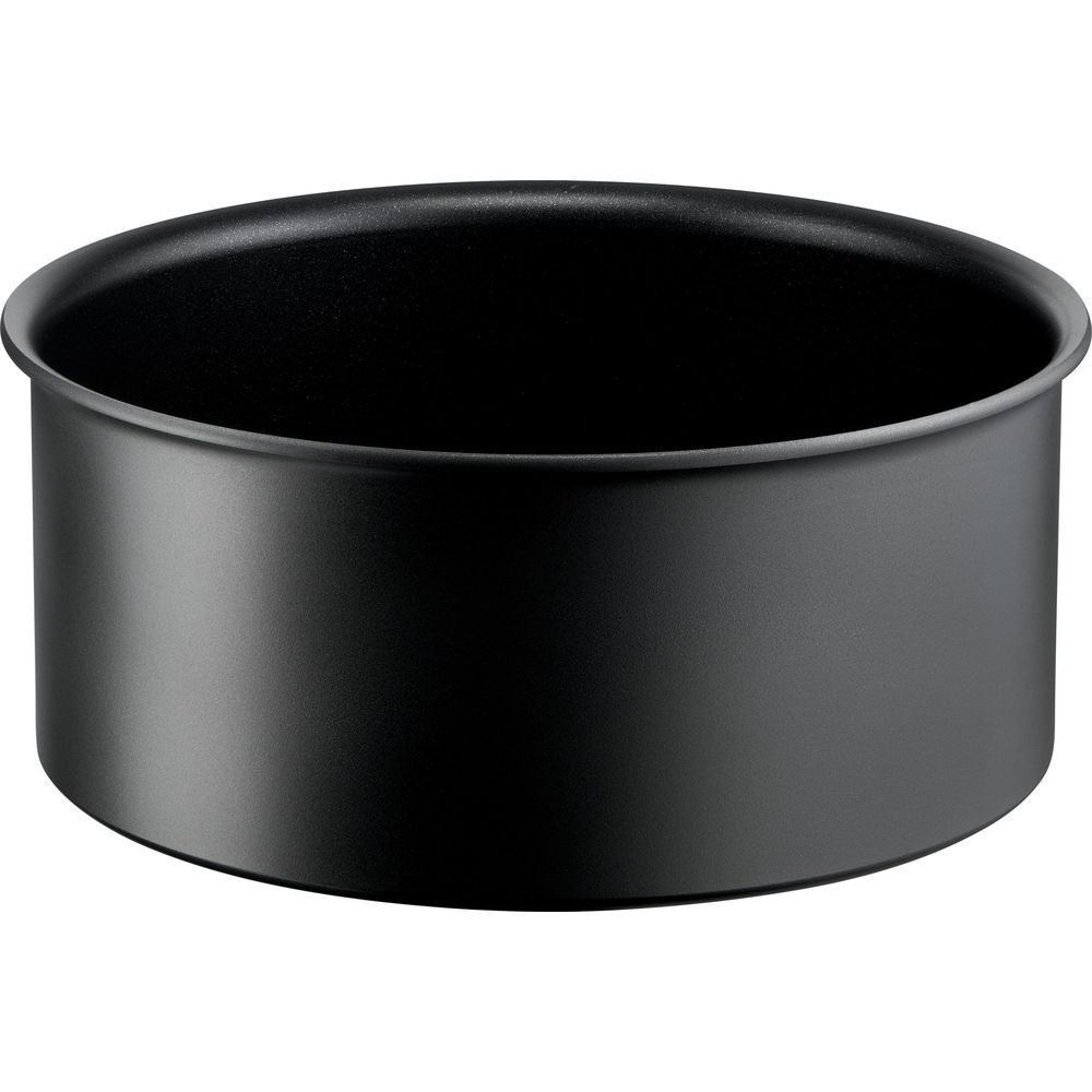 Eine runde, schwarze Backform mit glatten Seiten.