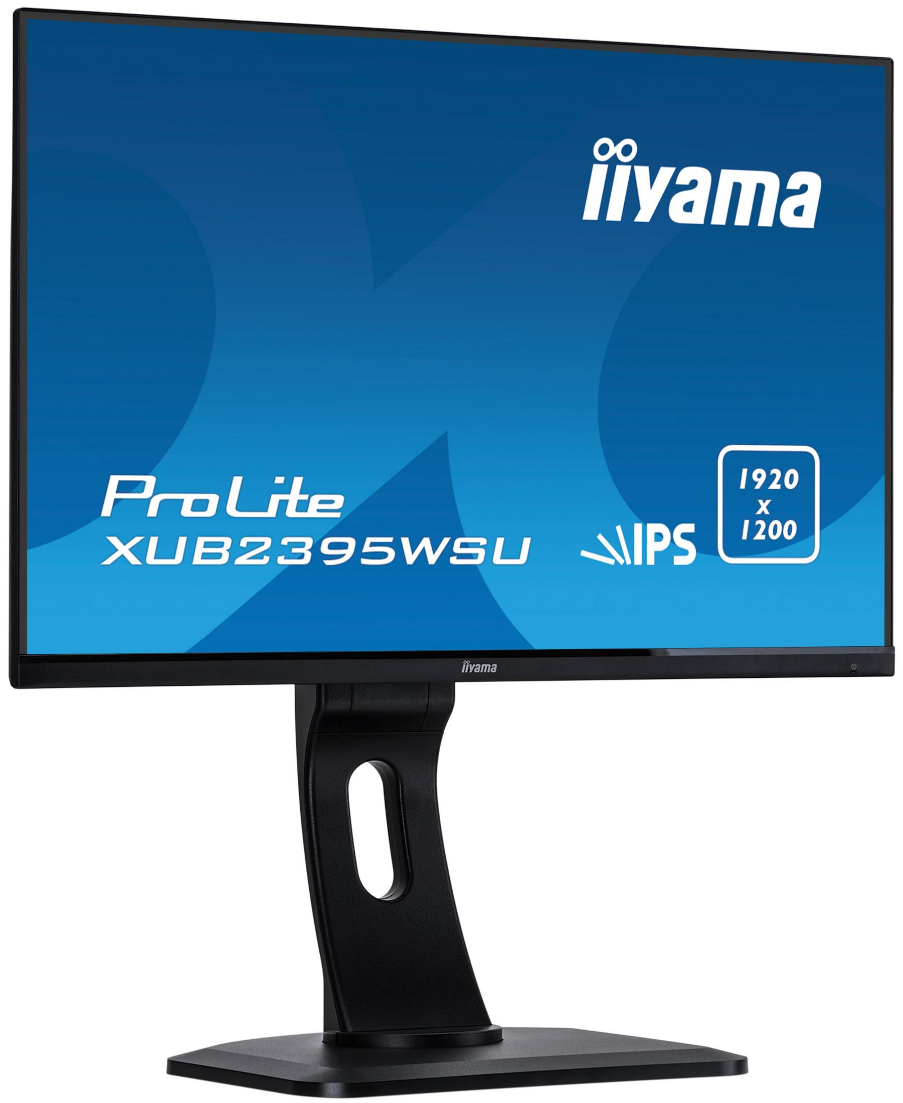 Un monitor iiyama negro con fondo azul y especificaciones.