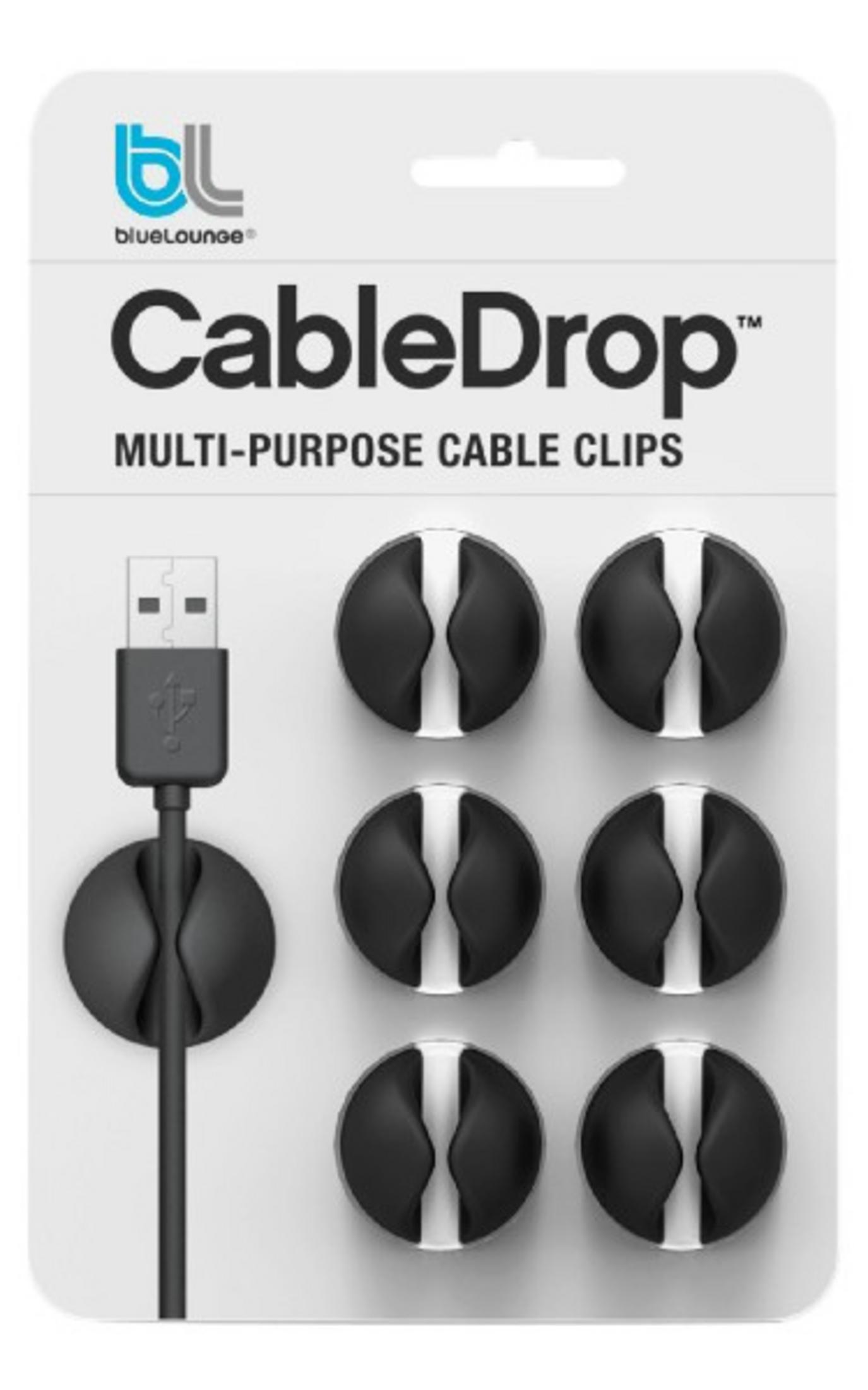 Verpackung für blueLounge CableDrop Mehrzweck-Kabelclips mit einem USB-Kabel.