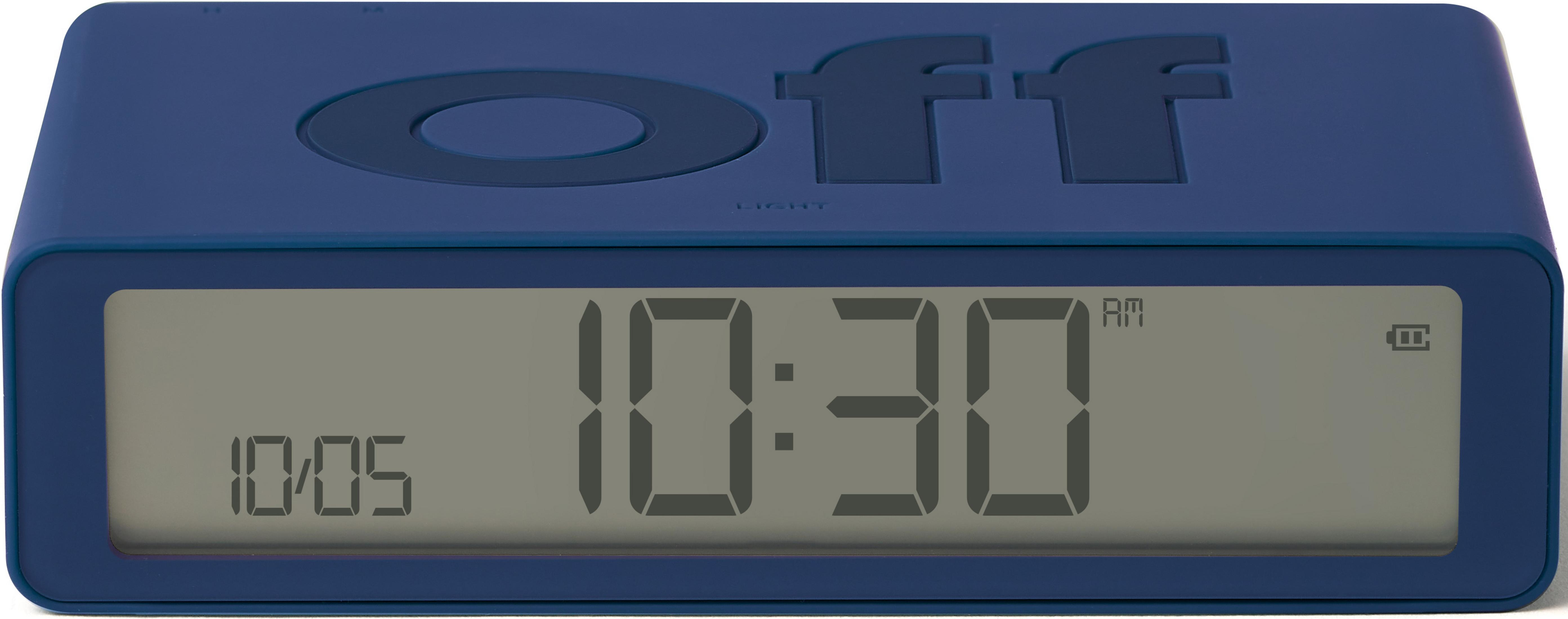 Ein blauer Wecker mit digitaler Anzeige zeigt 10:30 Uhr an.