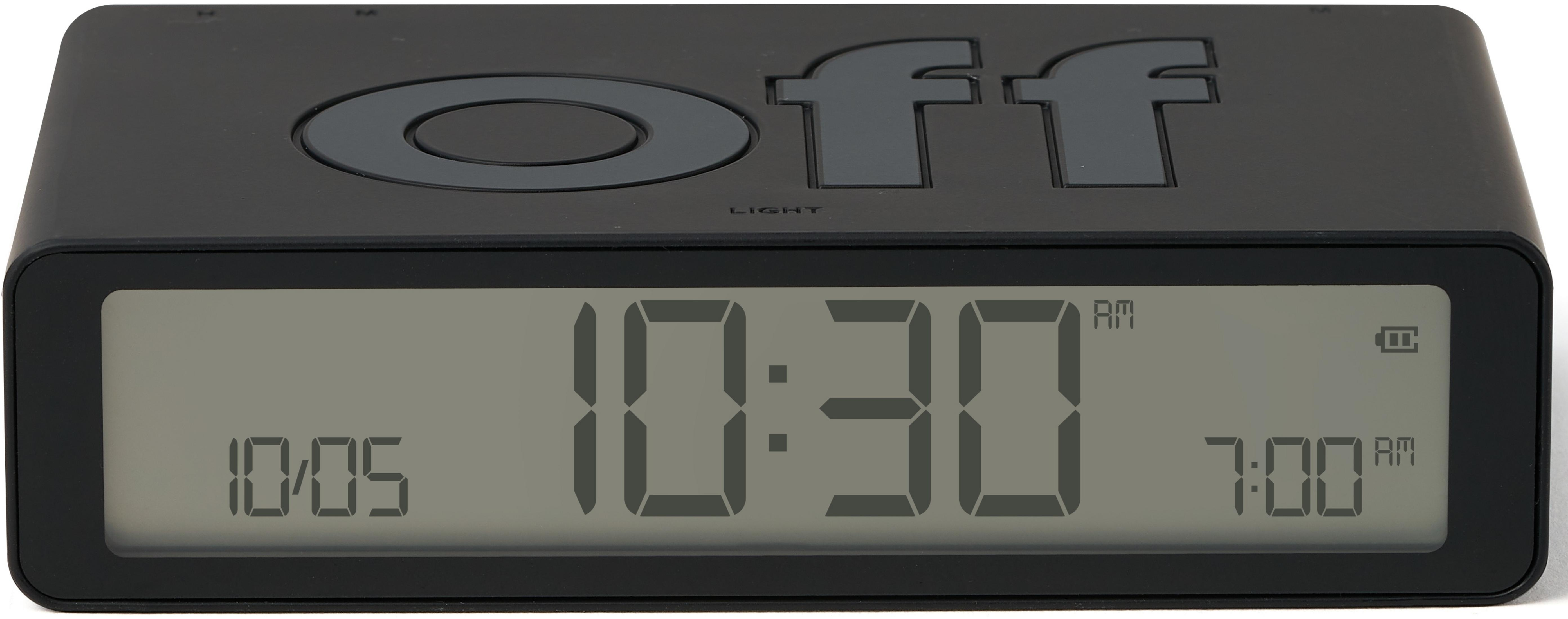 Sveglia digitale nera mostra 10:30 AM e 7:00 AM. Ha un logo "off".