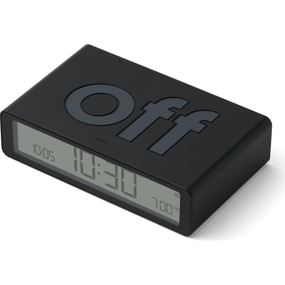 Sveglia nera con scritta "OFF" e display digitale.