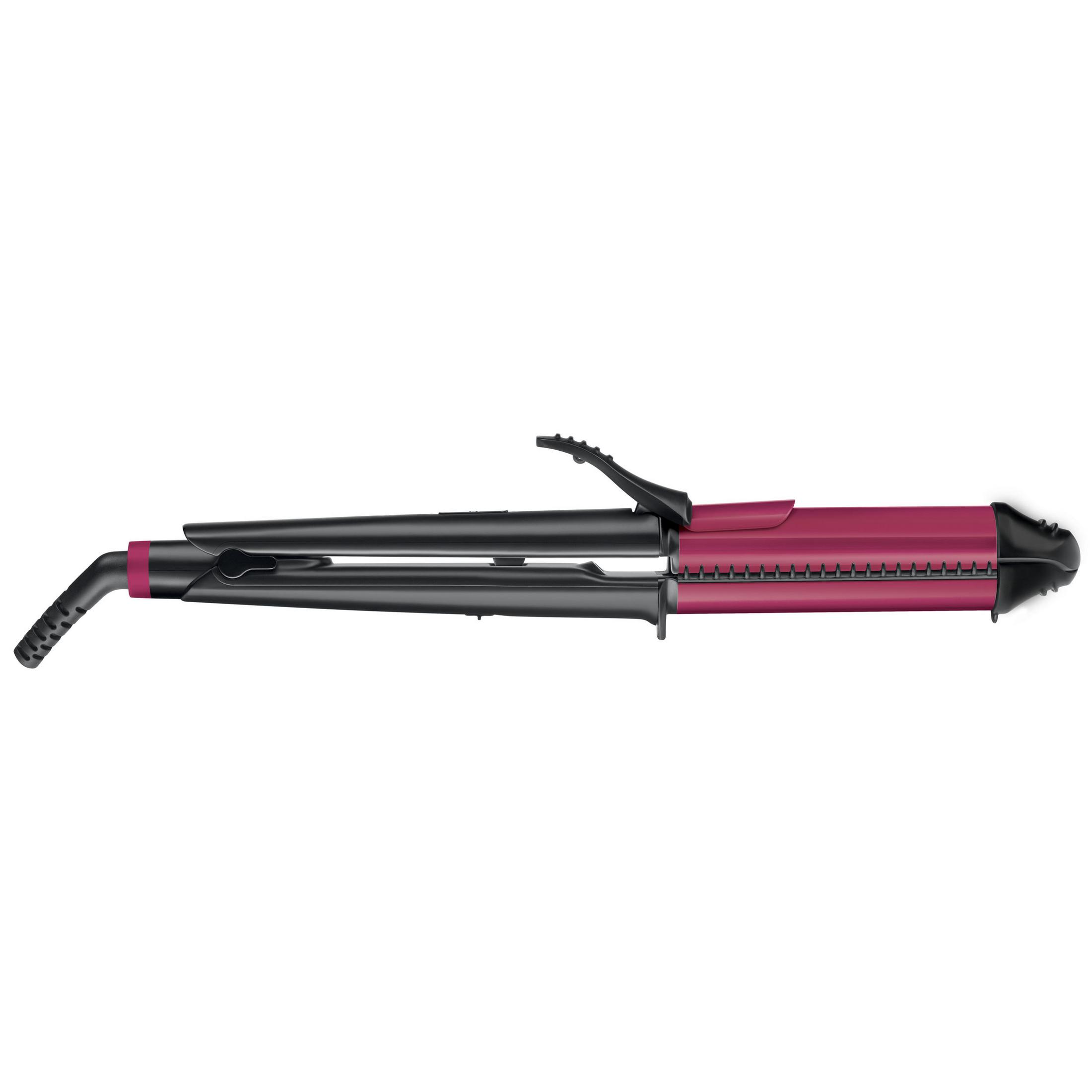 Un rizador de pelo rosa y negro yace sobre fondo blanco.