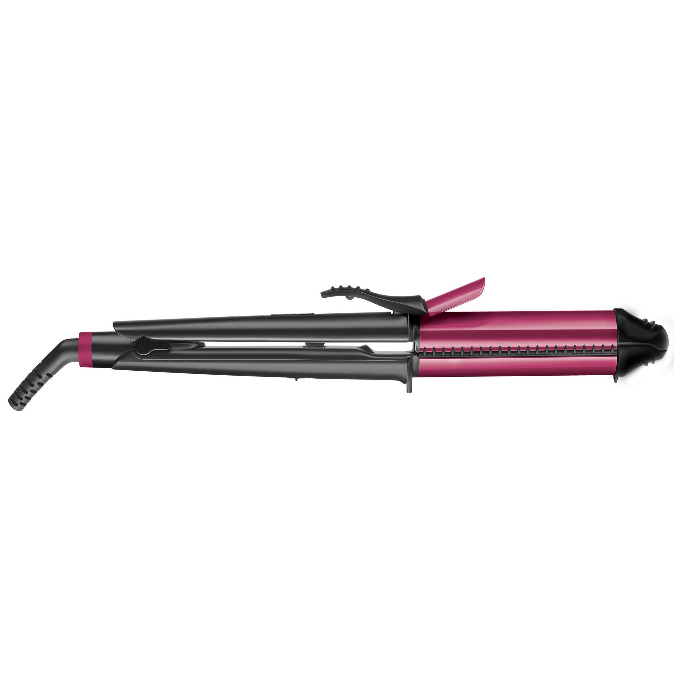 Un rizador de pelo rosa y negro con mango abierto, sobre fondo blanco.