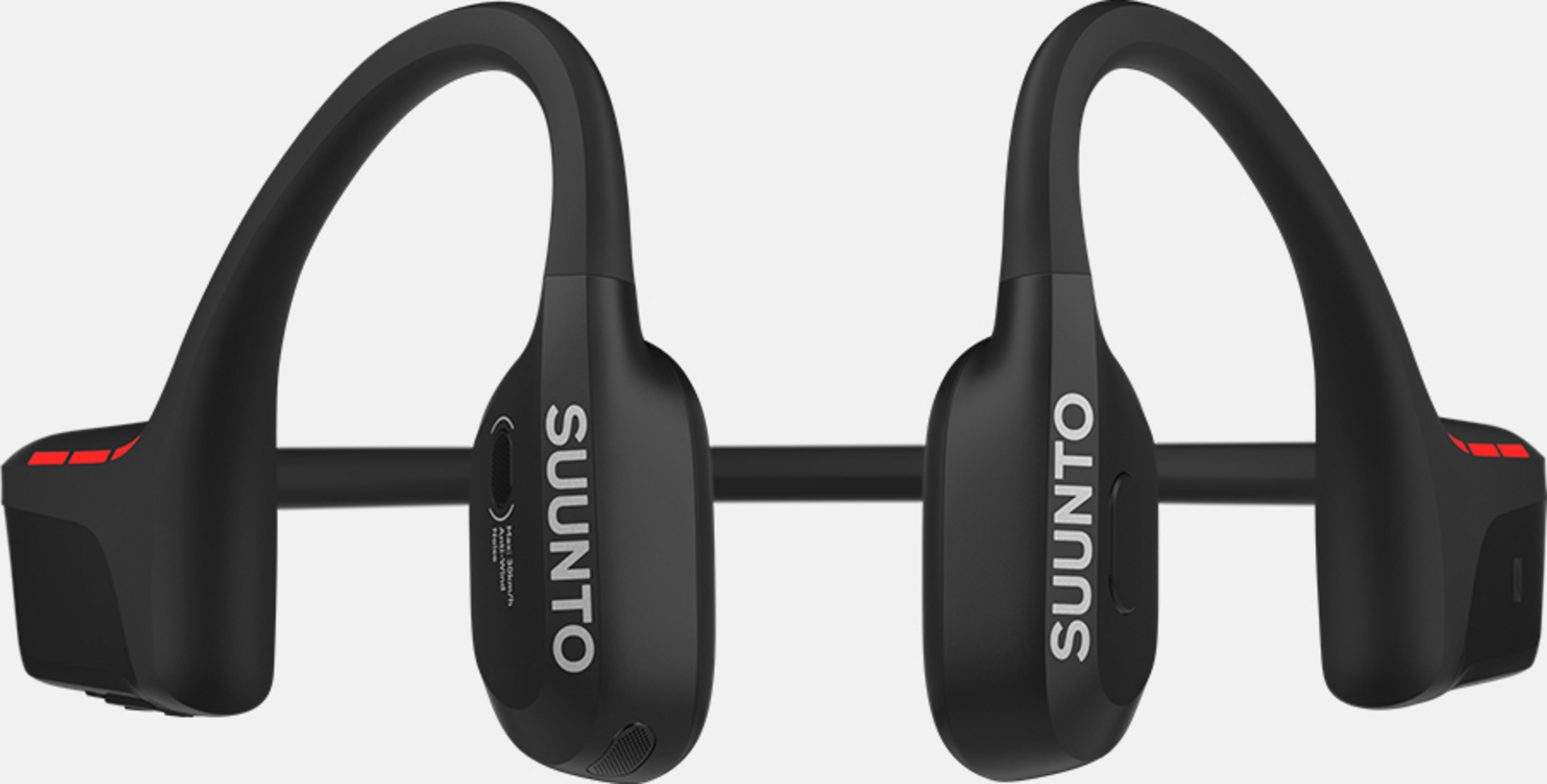 Schwarze Kopfhörer mit rotem Akzent und SUUNTO-Logo.