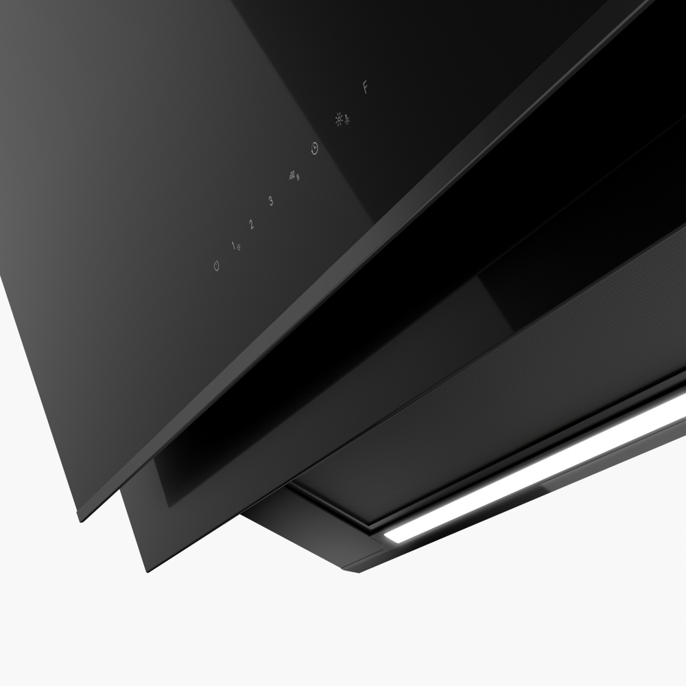 Cappa aspirante nera con controlli touch e striscia luminosa a LED.