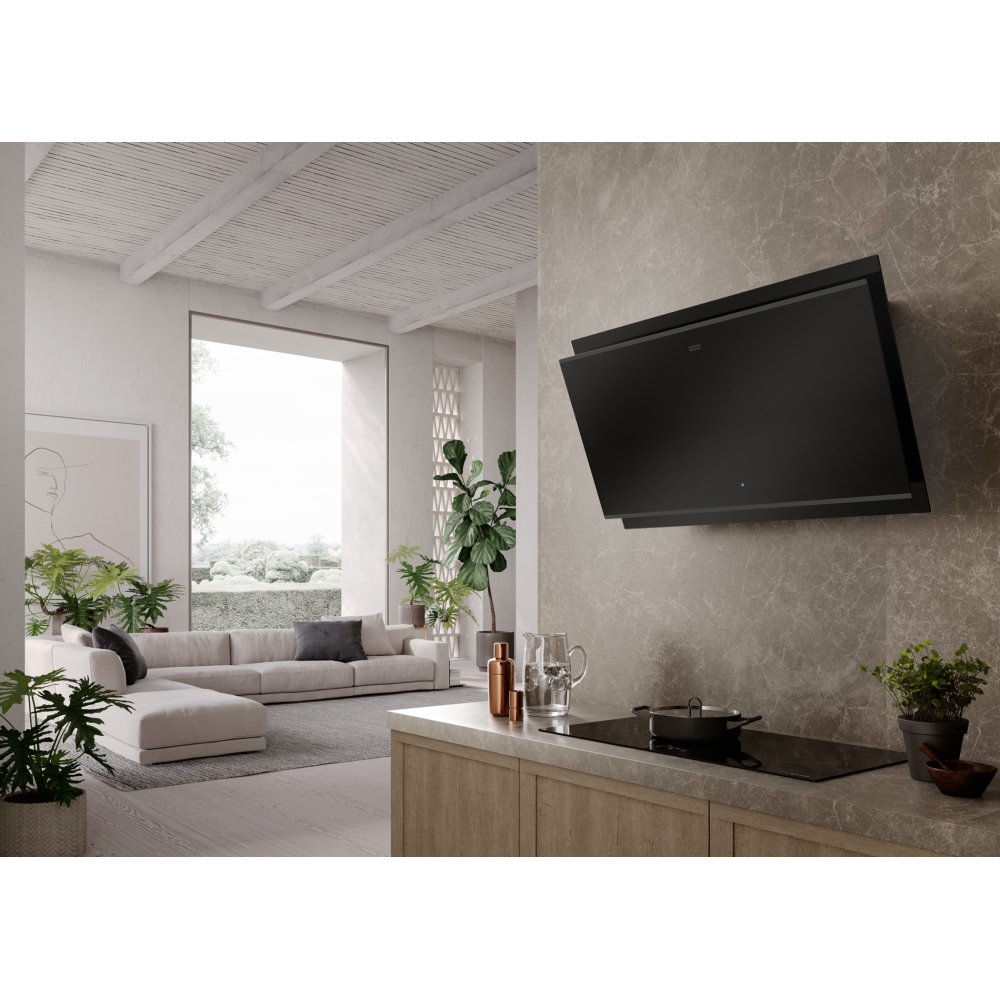 Sofa, ocak ve davlumbazlı modern oturma odası ve mutfak.