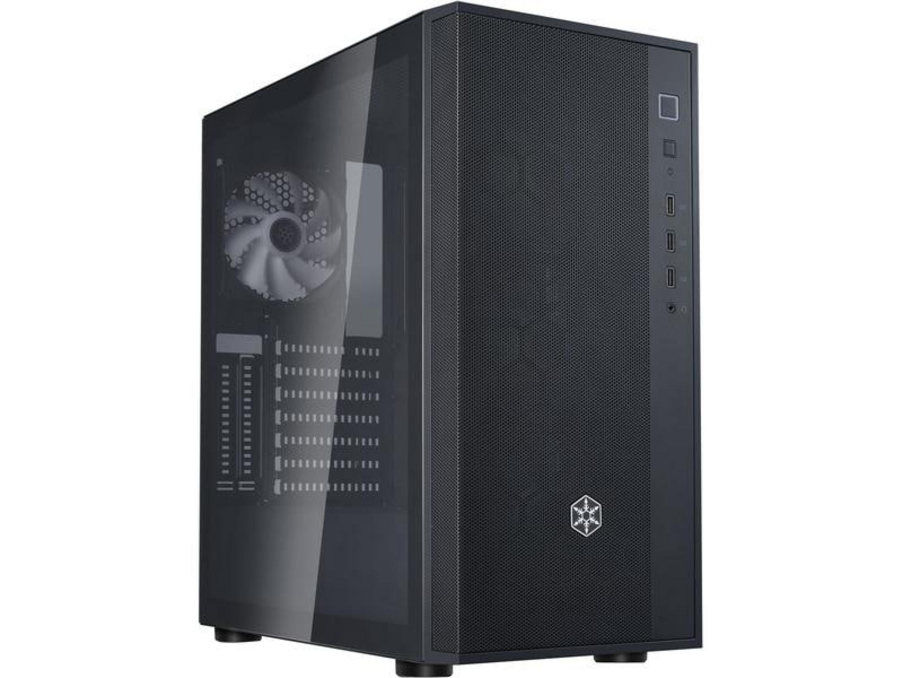 Schwarzes PC-Gehäuse mit Glasfront und Lüfter auf der linken Seite.