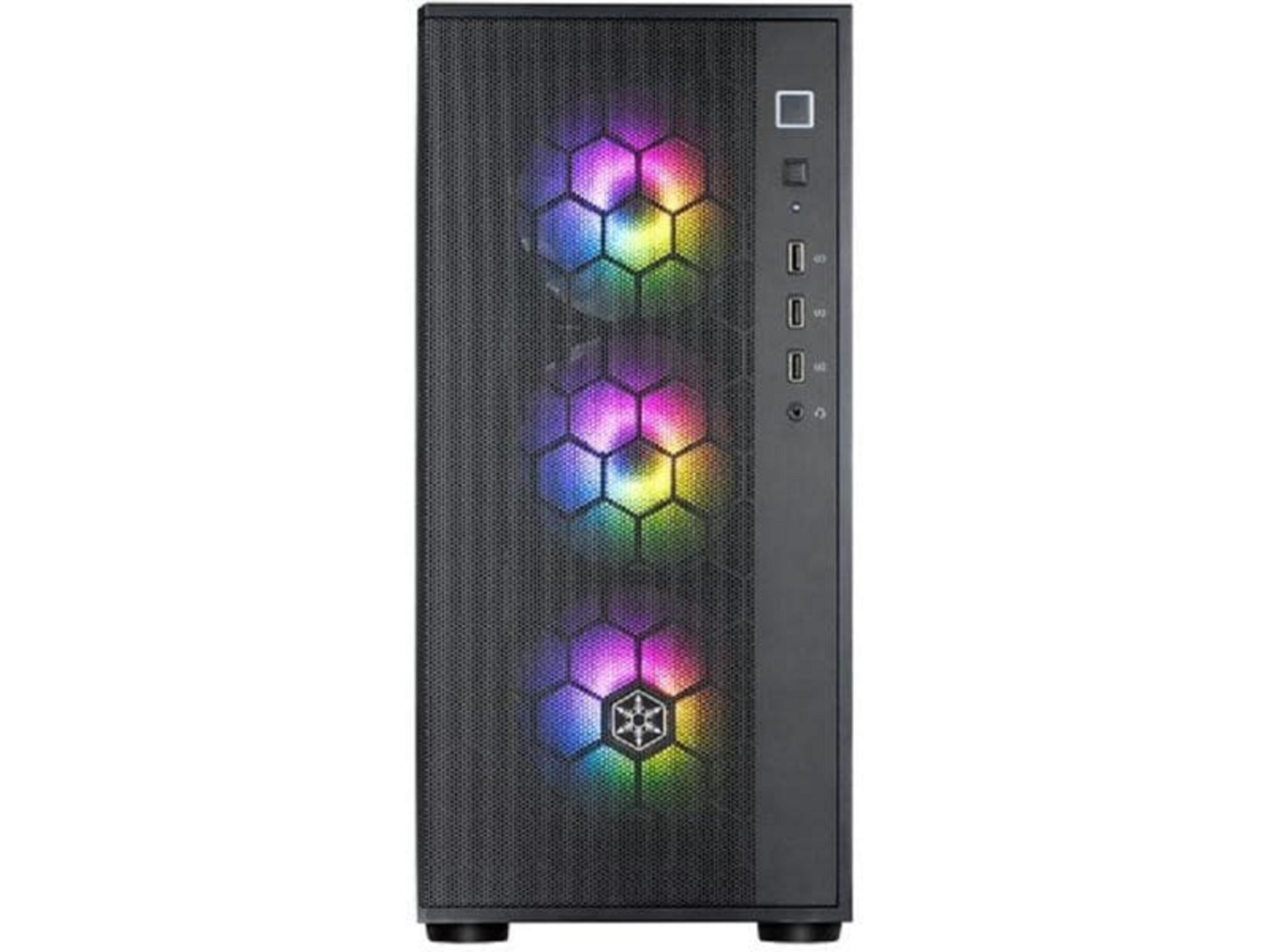 Ein schwarzes Computergehäuse mit RGB-Lüftern und Anschlüssen an der Seite.
