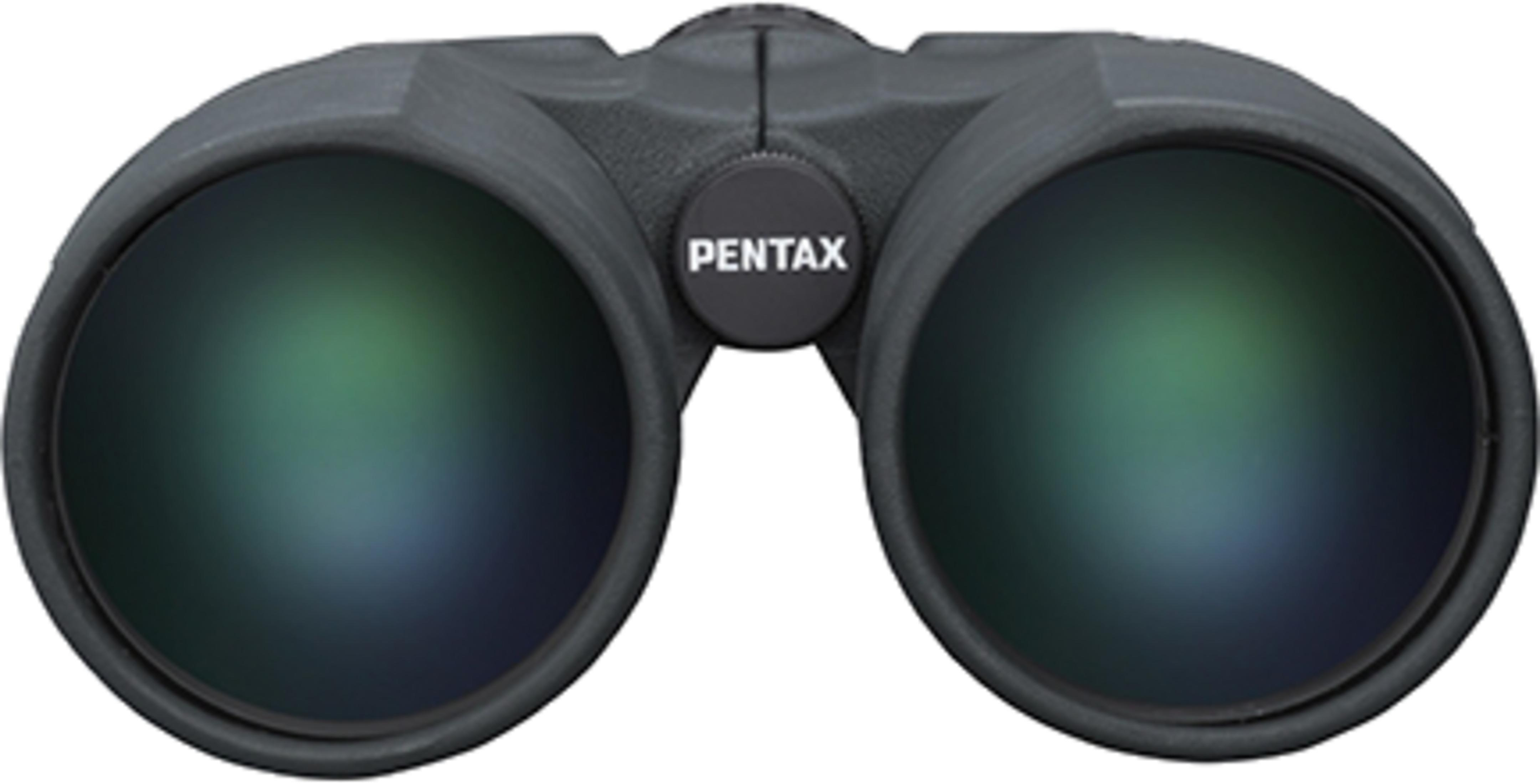 Schwarze Pentax-Ferngl äser mit runden Linsen und Fokusrad.