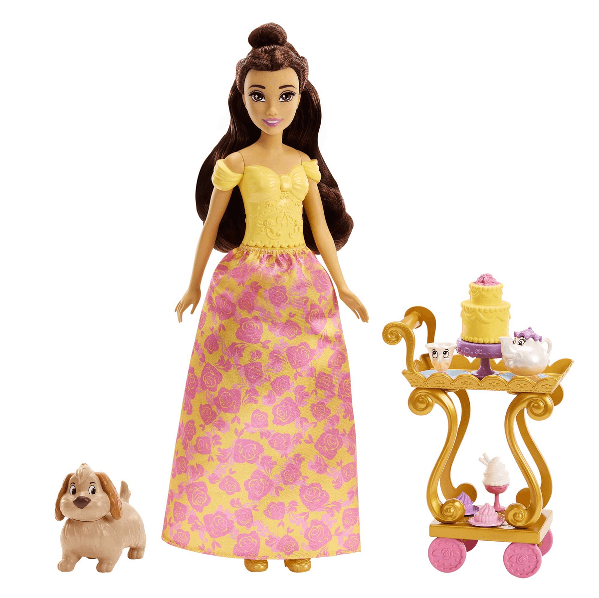 Eine Puppe in einem gelben Kleid mit Rosenmuster neben einem Hund und einem Servierwagen mit Kuchen.